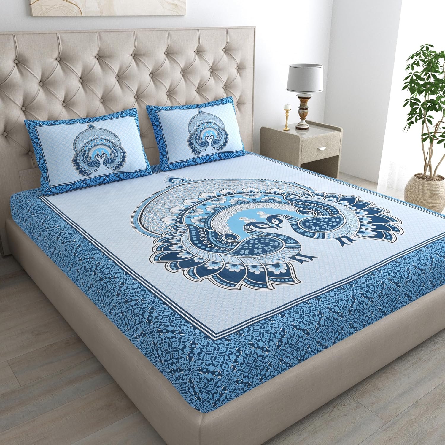 Rajasthani Jaipuri Sanganeri Printed 144 TC 100% Cotton Bed Sheet Set for Double Bed,Double Peacock Pattern, Double Bedsheet Cotton with 2 Pillow Covers