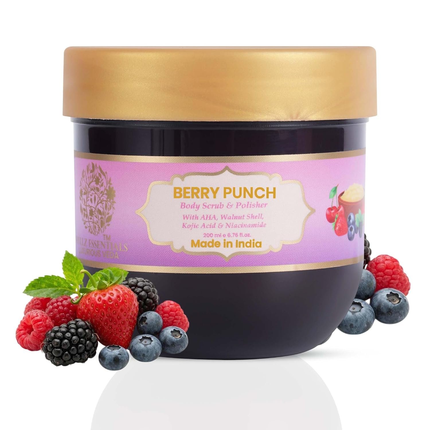 RYLLZ ESSENTIALS Berry Punch Body Scrub & Polisher | with AHA, Walnut Shell, Kojic Acid, Niacinamide & Glycolic Acid | for Dead Skin Cells, Ingrown Hair & Skin Feeling Smoother/Polished | 