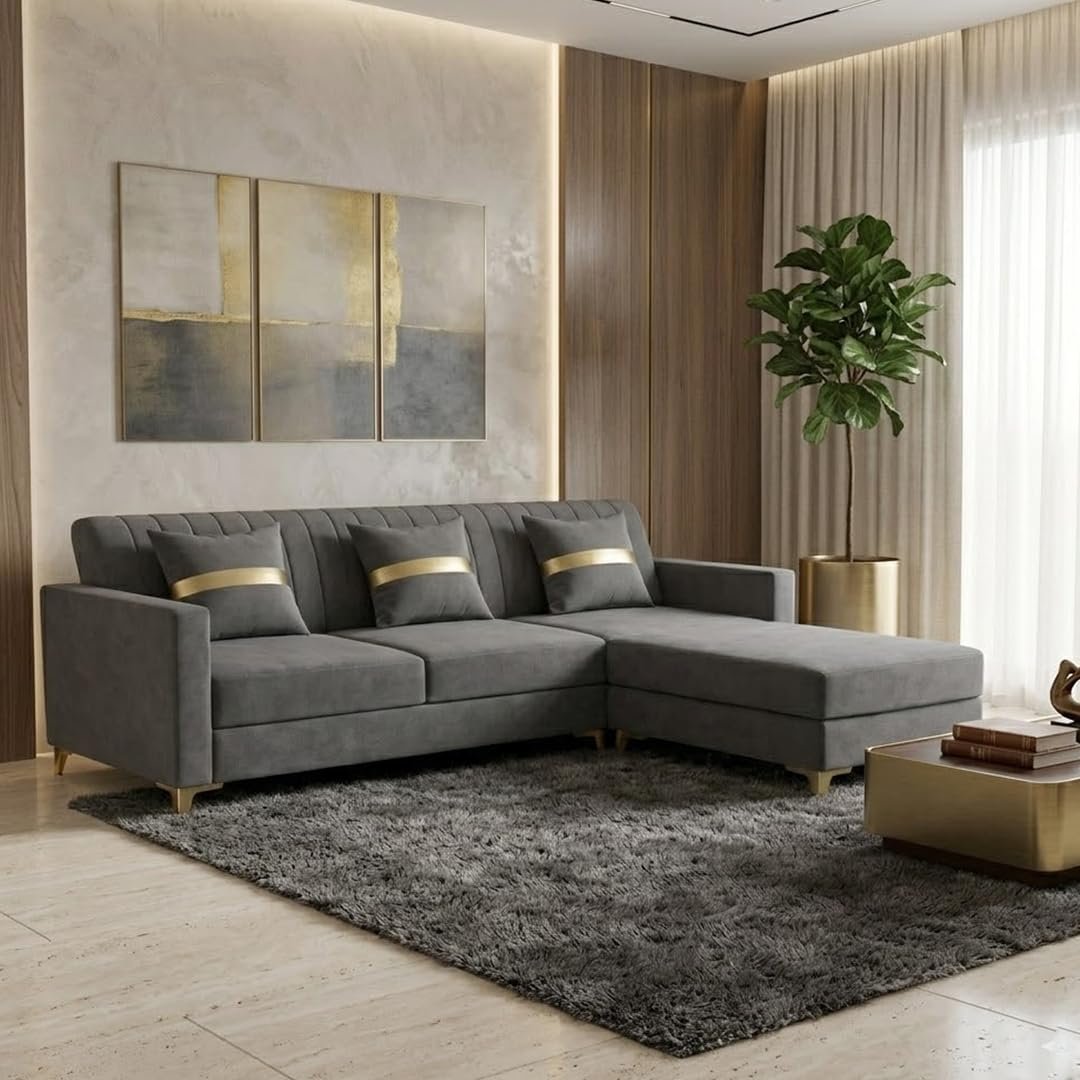 CASASTYLE Noviq 4 Seater L Shape Sofa Set with Movable Ottoman | Flexible Left or Right Layout | Cozy Velvet Fabric | Soft Touch Seating | Modern Designer Sofa for Living Room (Dark Grey)
