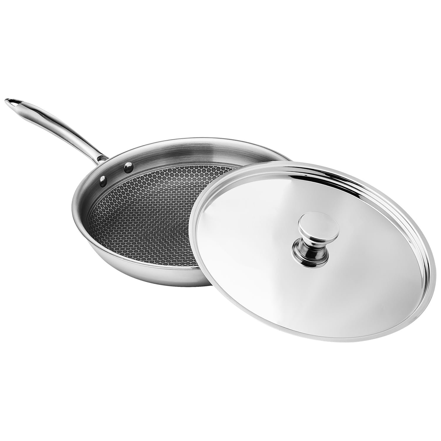 Amazon Basics Non-Stick Honeycomb Triply Stainless Steel Frying Pan with Steel Lid, 26 cm - 2.3L, Fast & Even Heating, Induction & Gas Compatible
