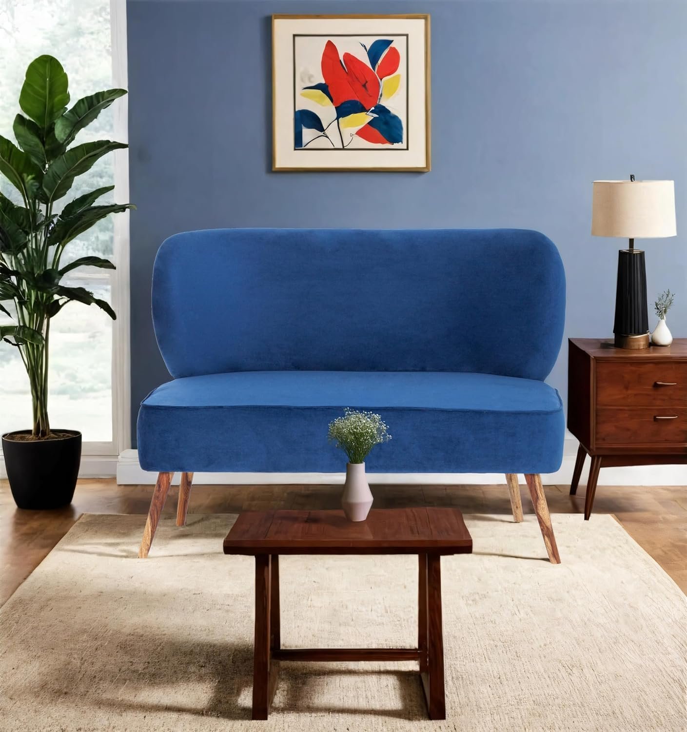 Peachtree Carbo 2 Seater Chair for Living Room, Mango Wooden Frame & Sheesham Wood Leg | Velvet Fabric Chair for Dining Room, Hall, 2 Year Warranty | 2 Persons Chair | No Armstyle (Blue)