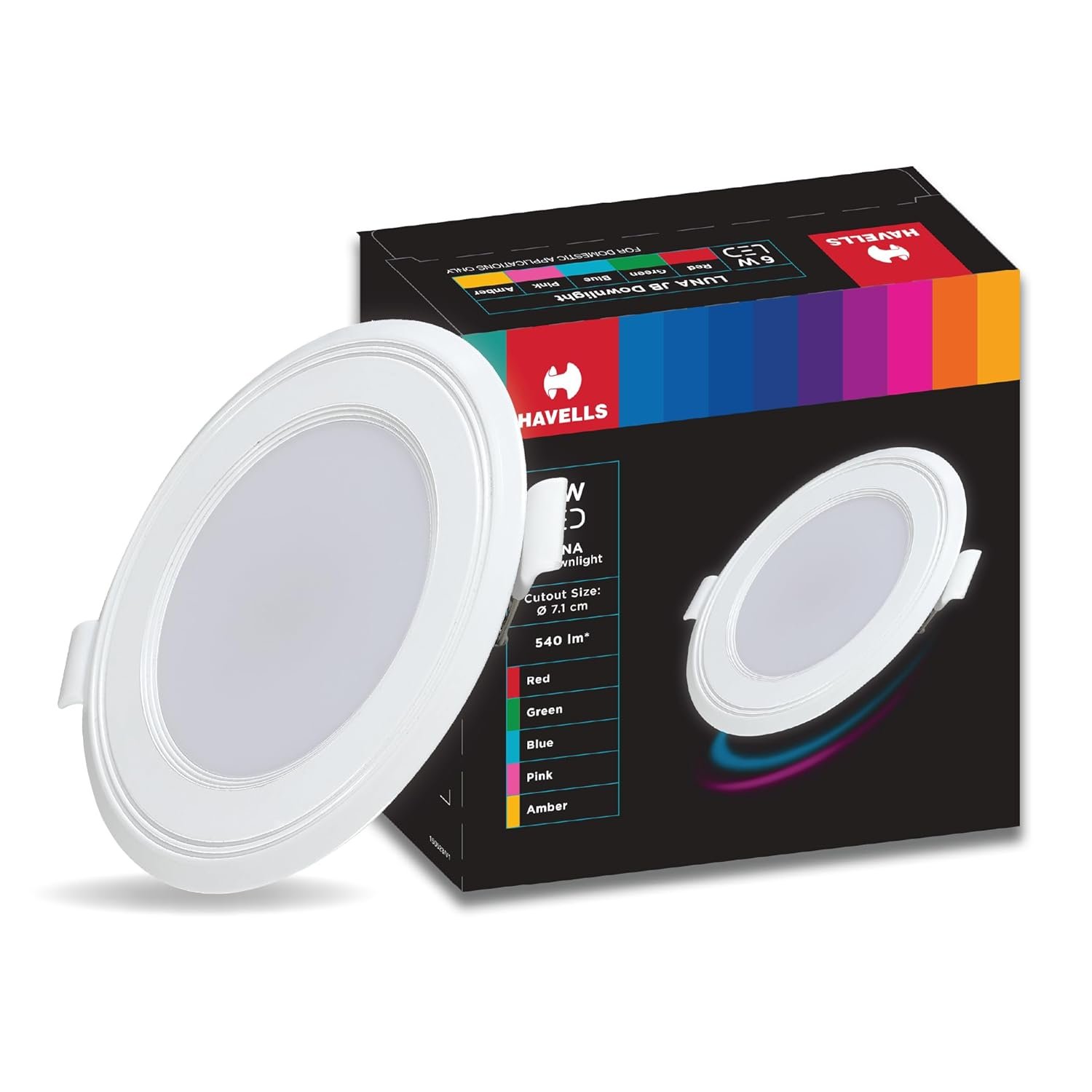 Havells Polycarbonate Luna 6W Downlight for Junction Box Round | Colour - Red |3 inch Cutout, 22mm Height | High Voltage Protection Upto 4KV | Pack of 1