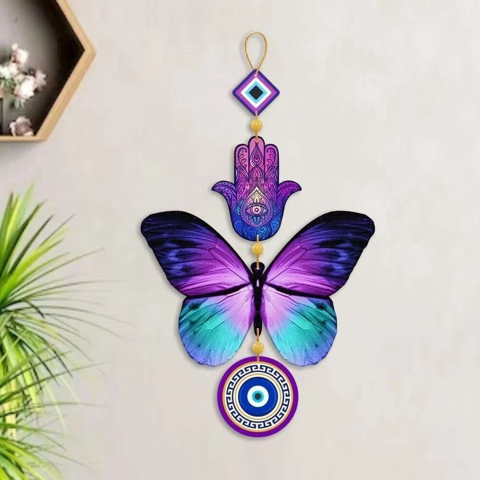 megavalue shashank wooden fusion butterfly evil eye wall hanging office living room