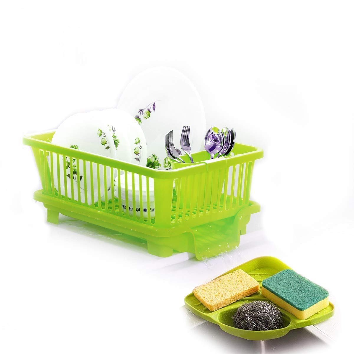 DDecora Popular Plastic Combo Kitchen Sink Organiser and 3 in 1 Kitchen Sink Dish Rack Drainer Drying Rack Washing Basket with Tray for Kitchen, Dish Rack Organizers (Green)