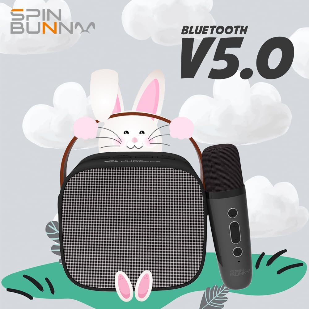 JUST CORSECA Spin Bunny Karaoke Portable Speaker with Microphone, Wireless Bluetooth Speaker with LED Lights, Long Battery Life, Portable Party Music Speaker for Kids & Adults