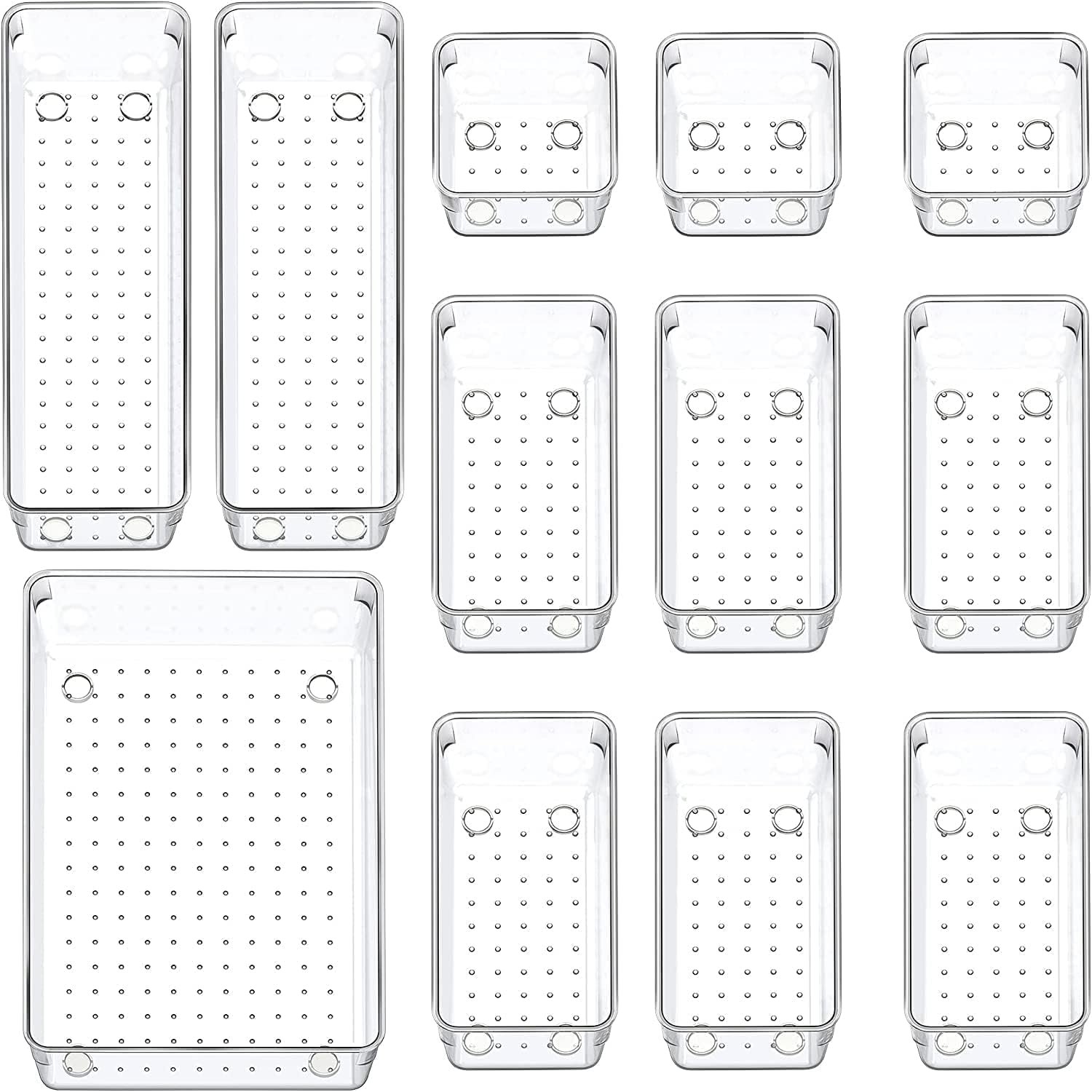 Arto Clear Transparent Acrylic Drawer Organizer Set with Various Size for Bathroom,Bedroom Dresser,Cosmetics Makeup,Kitchen Utensil,Office,Stationery,Drawer Tray Dividers,Vanity Trays (Pack of 12)