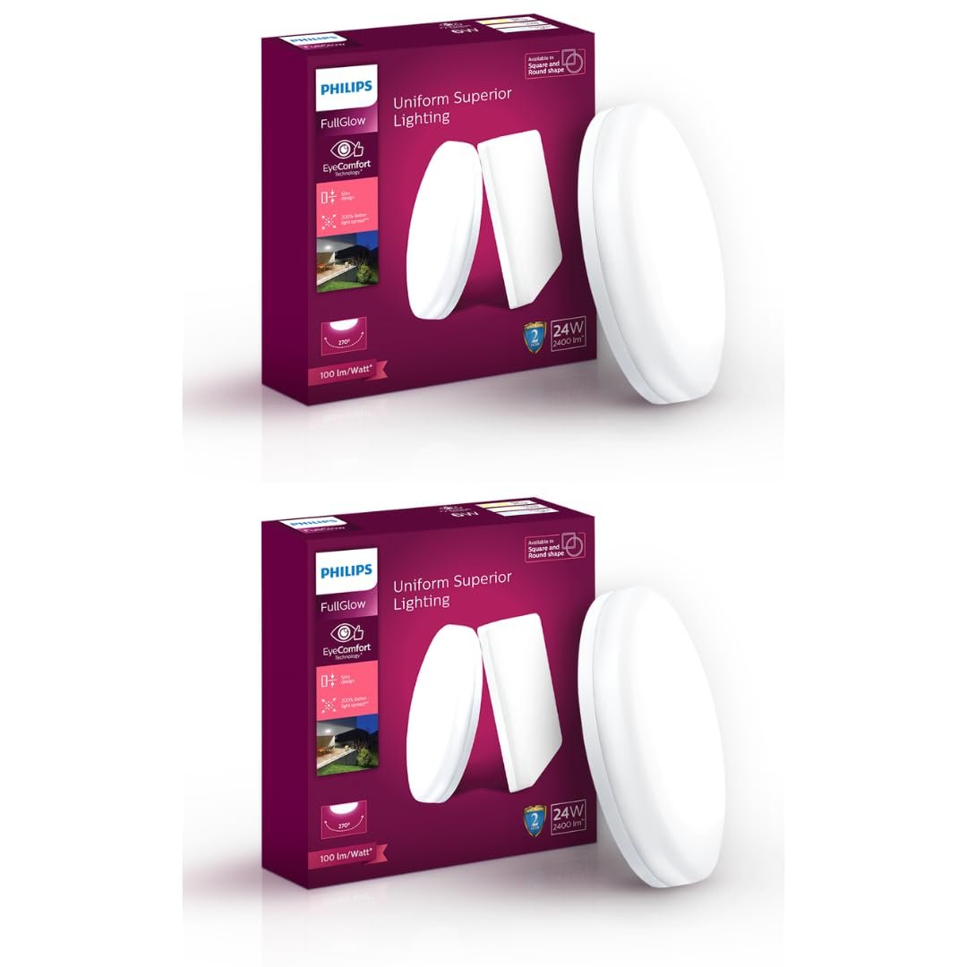 PHILIPS Rimless Full Glow 24-watt Round LED Surface Downlighter | Surface LED Downlight for Ceiling | LED Ceiling Light for Home & Hall | Natural White | Pack of 2
