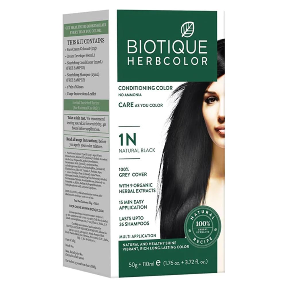 Biotique Herbcolor Conditioning Hair Colour l Ammonia Free Hair Color l 9 Organic Herbal Extracts l Natural and Healthy Shine l 50g + 110ml| Natural Black 1N (Pack of 1)