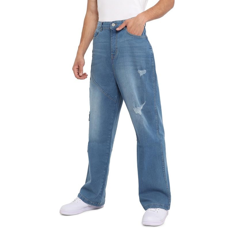 Campus Sutra Men's Light Blue Asymmetrical Stitch Denim Jeans for Everyday Wear | Light-Wash | Button Closure | Regular Fit | Denim Jeans Crafted with Comfort Fit for Everyday Wear (36)