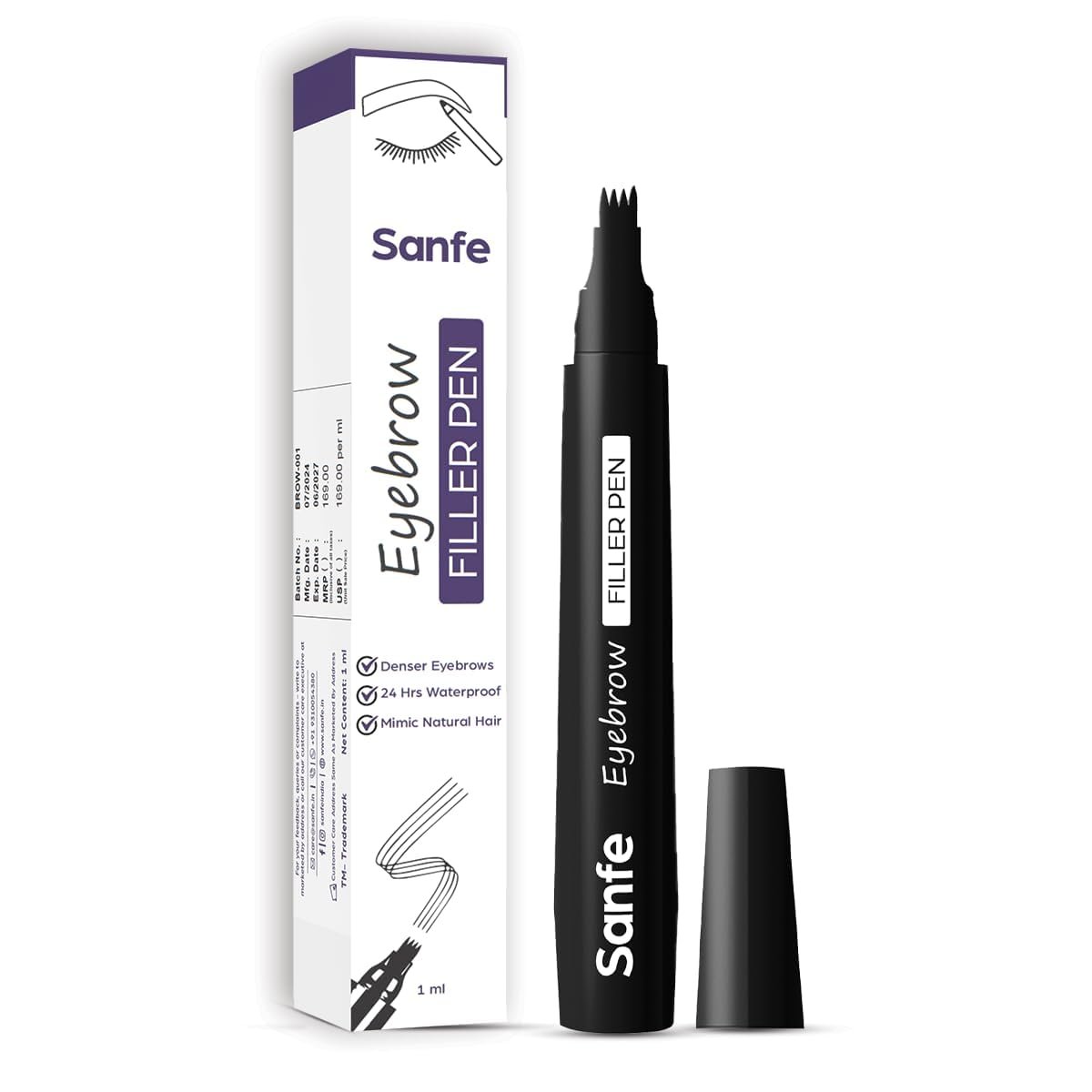 Sanfe Eyebrow Filler Pen | Waterproof Microblading Brow Pen | 4 Fork Tip Eyebrow Pencil for Natural Hair-Like Strokes | Long Lasting Smudge Proof Brow Makeup | 1 ml | Pack of 1