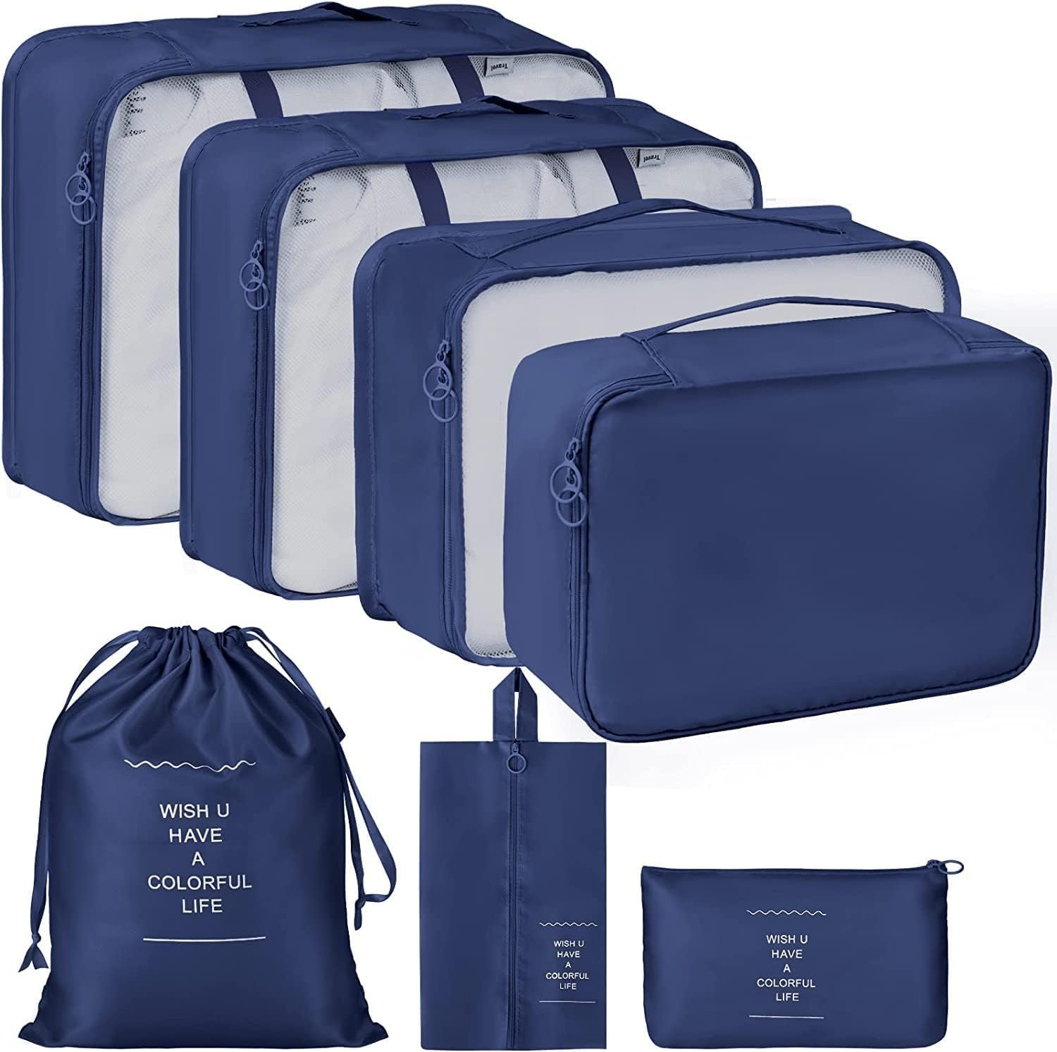 7 in 1 Travel Packing Cubes Organizer Set with Mesh Packing Bags, Shoe Bag, Laundry Bag, Zipper Pouch & Toiletry Organizer, Travel Luggage Organizers for Clothes, Cosmetics & Accessories (Dark