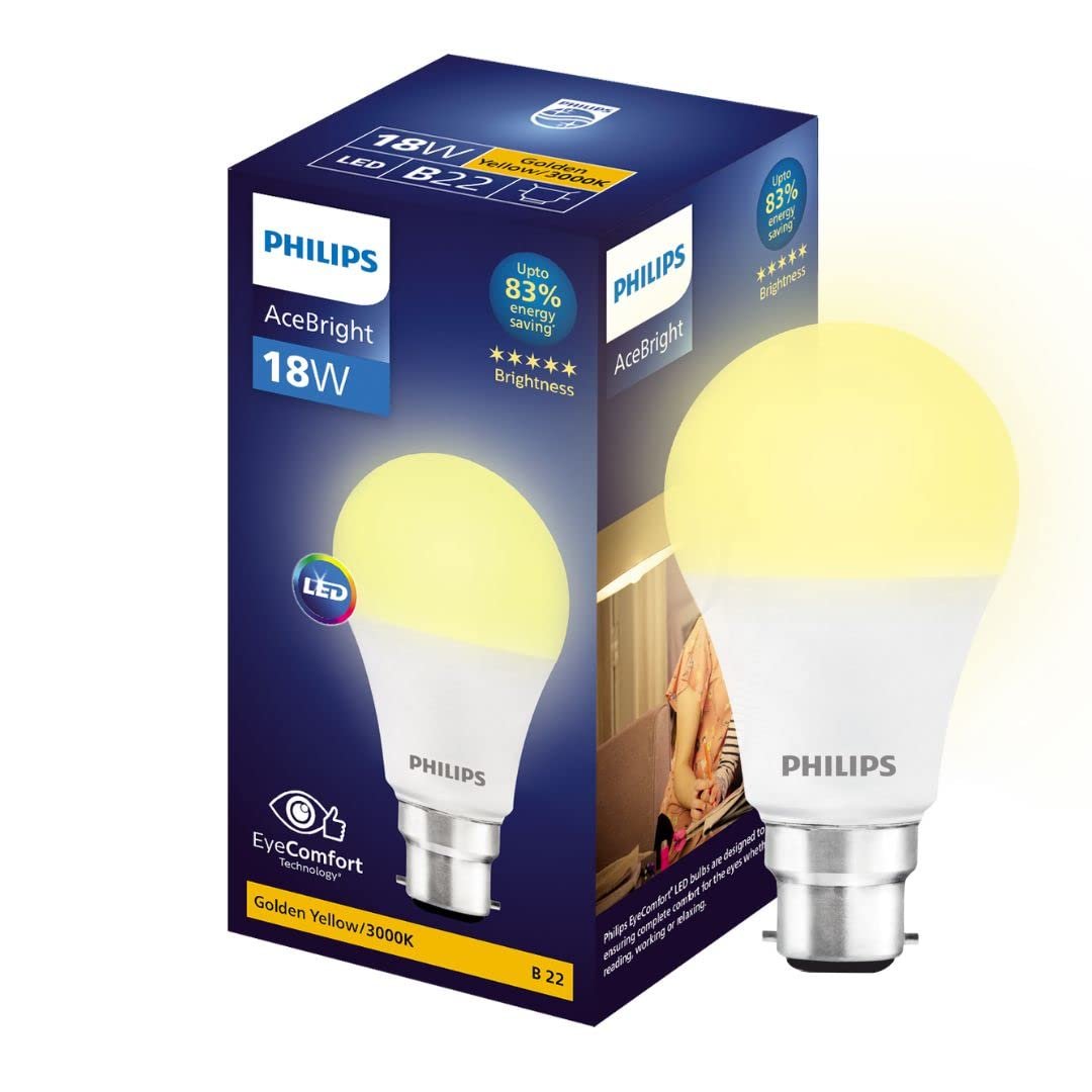 Philips 18w LED Bulb |AceBright High Wattage LED Bulb|Base: B22 Light Bulb for Home | Golden Yellow, Pack of 1