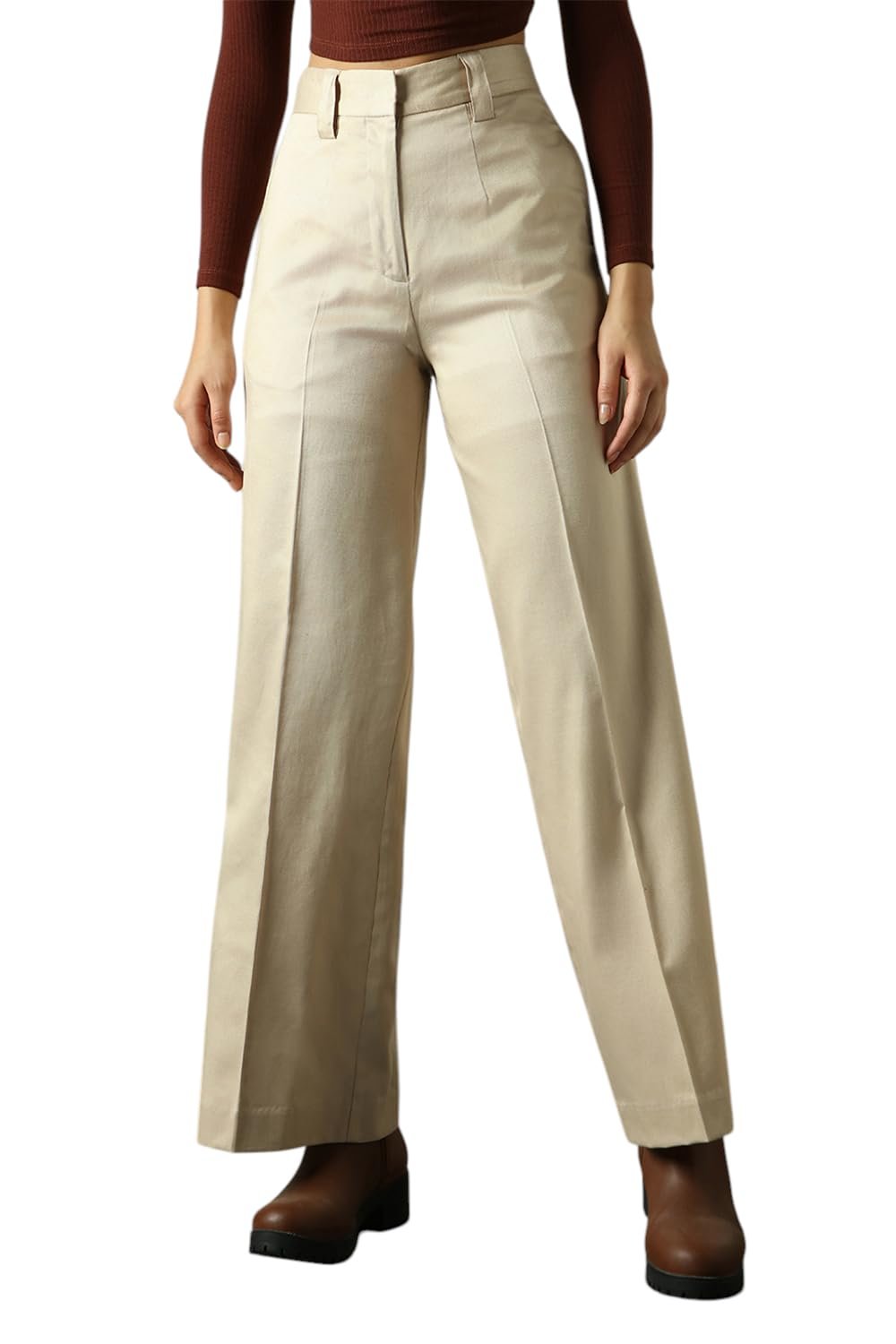 High Star Women High Rise Solid Regular Length Wide Leg Casual Trousers