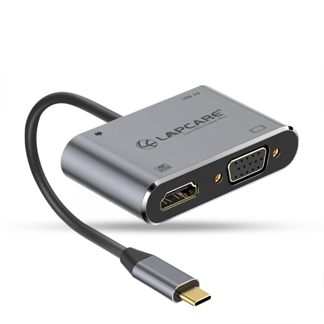 Lapcare LC411 USB-C USB Hub/Docking Station(4-in-1) with 4K 30Hz HDMI, USB 3.0, VGA, Type-C Data, PD Charging, Type-C Plug for Laptop, Mac,PC