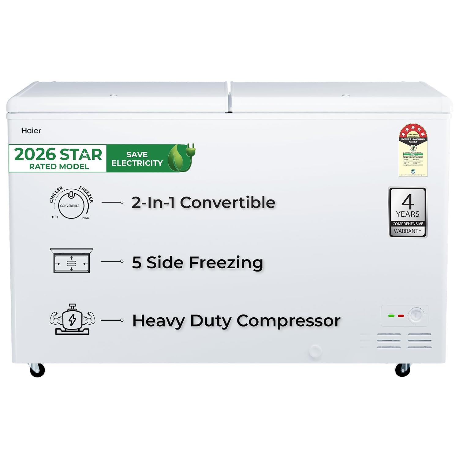 Haier HFC-588DPW5, 5 Star (2026 Star Rating) Double Door Convertible Deep Freezer, 5 Side Freezing, Dual Condenser, Inside Metal Liner with 70mm Puff Thickness (White 524L)