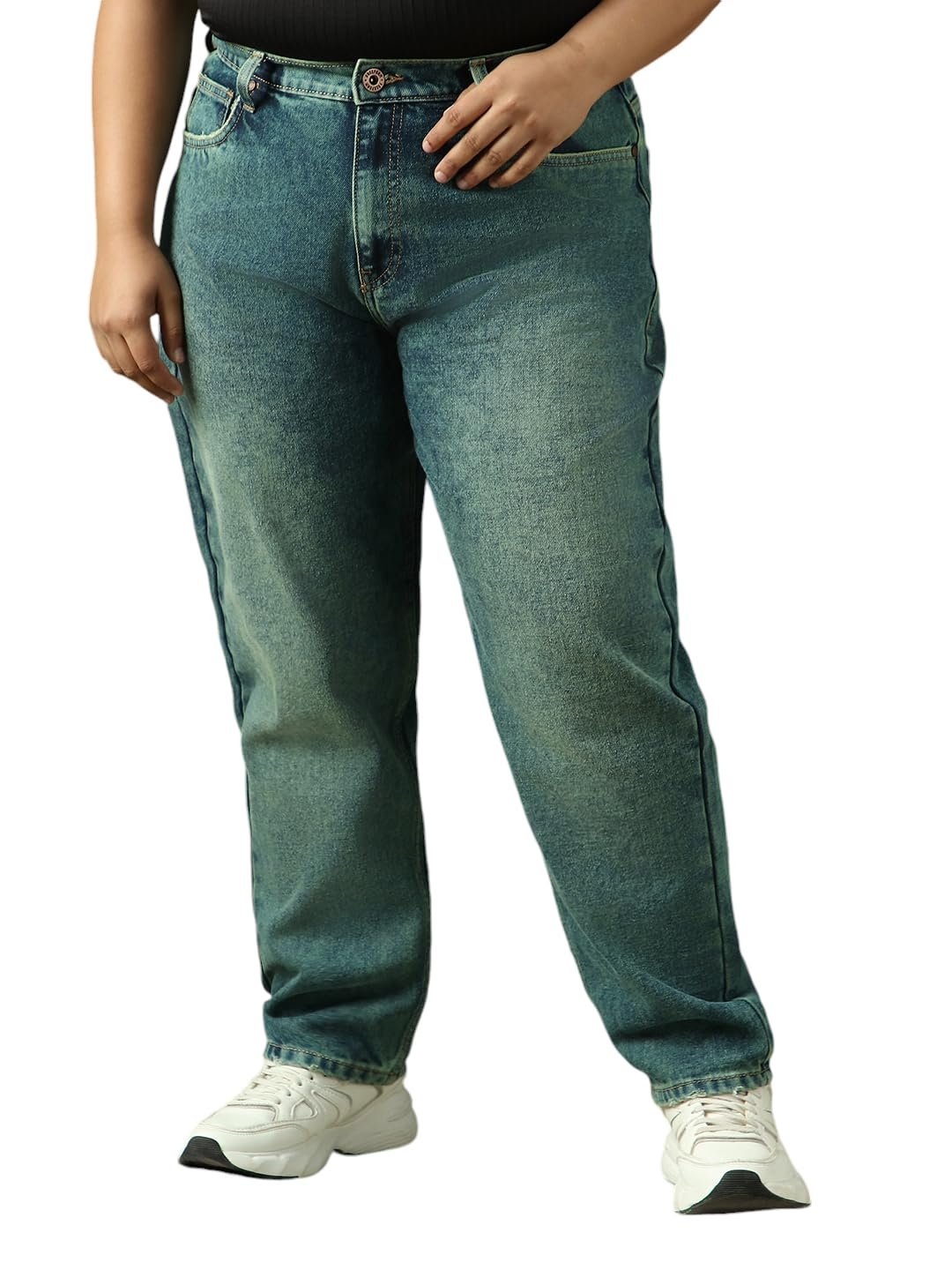 High Star Women Cotton Washed Mom Fit Casual High-Rise Jeans