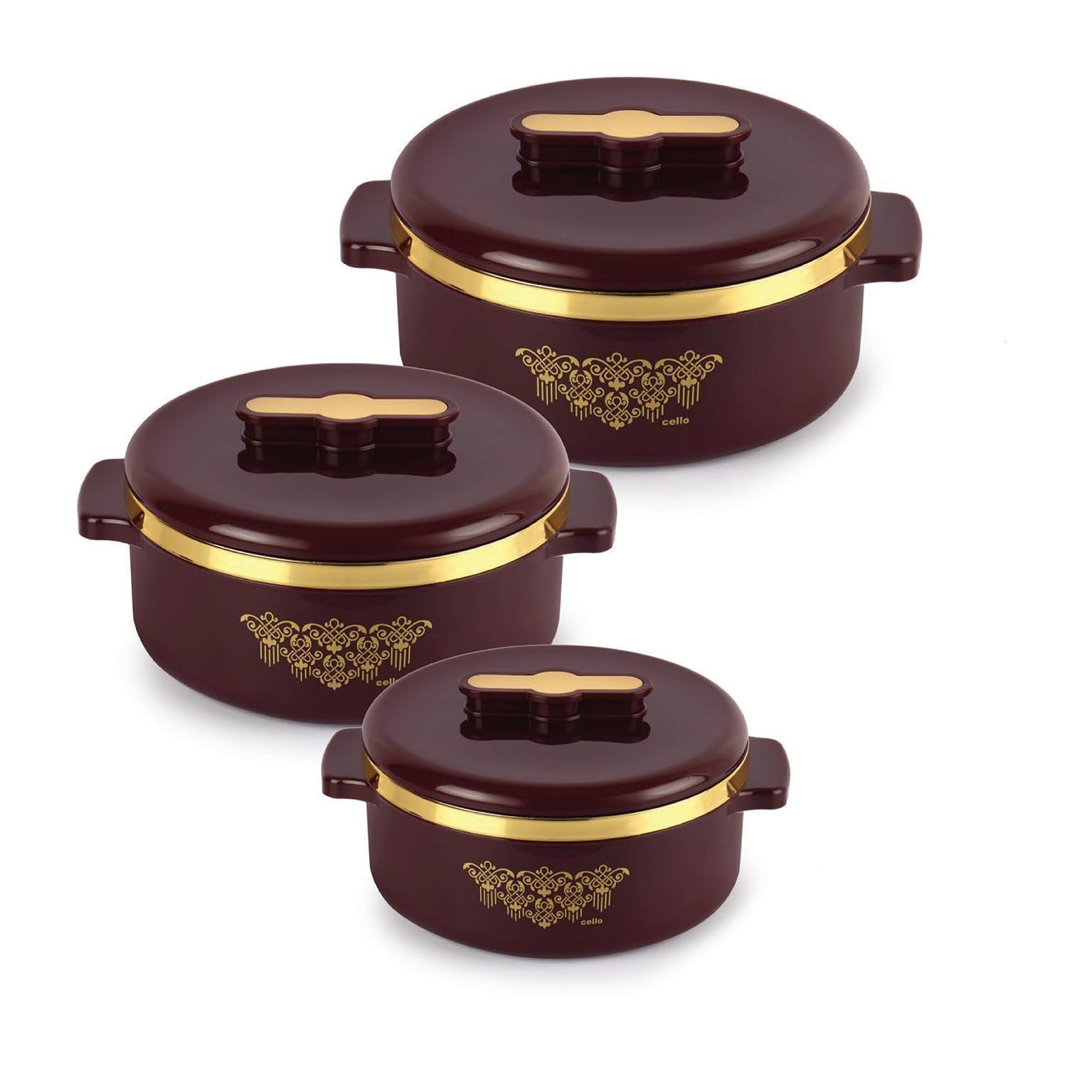 CELLO Exotic Insulated Casserole Set of 3, (500ml, 1000ml, 1500ml) Brown | Double Walled, PU Insulated | Hot Pot Case Keeps Food Fresh & Hot For Long Hours | Casserole Set For Roti, Chapati, Rice
