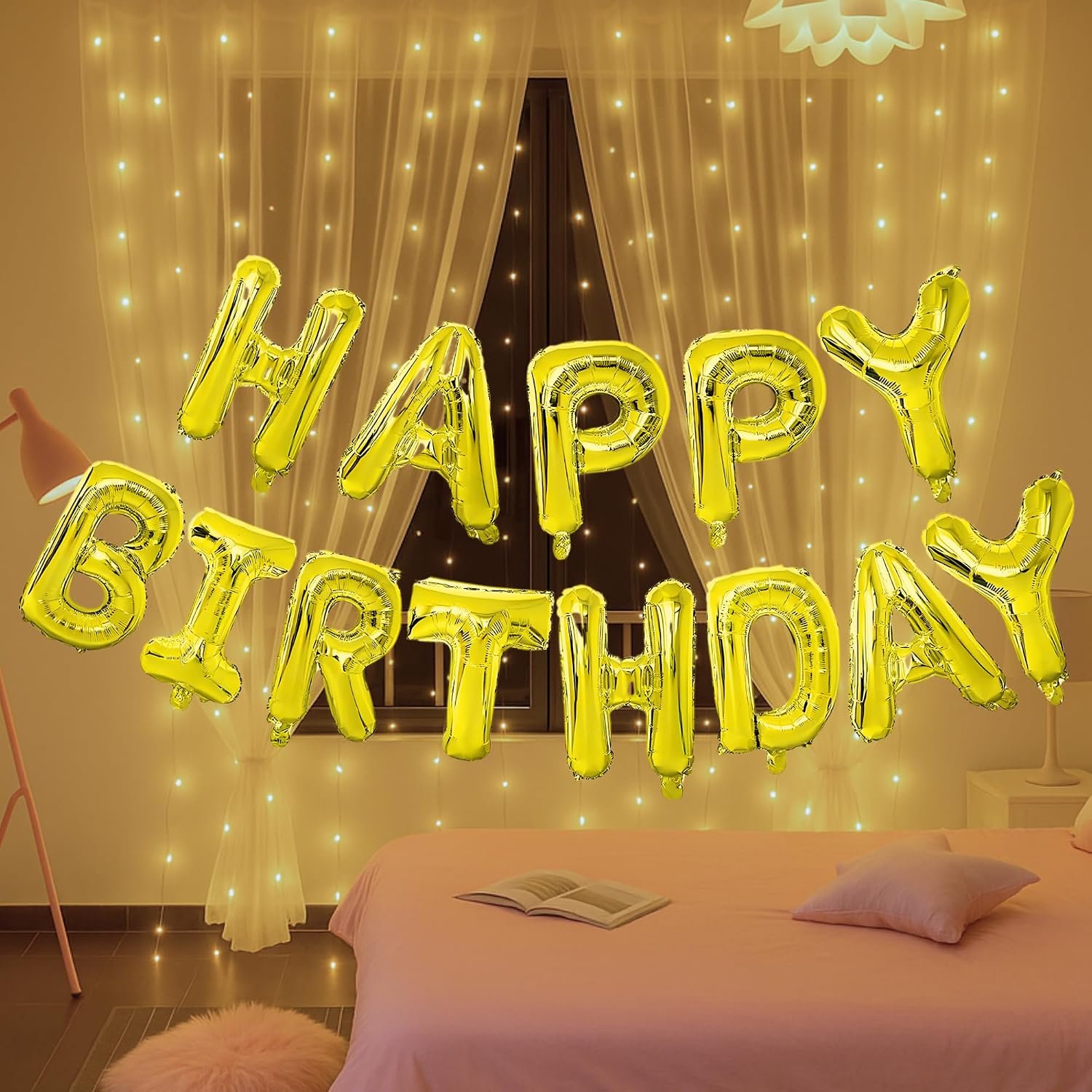 Happy Birthday Banner Golden for Girls Boys Kids Women Men Adults Twins Car Foil Balloon Decoration Decor Celebration Kit Item Set Combo