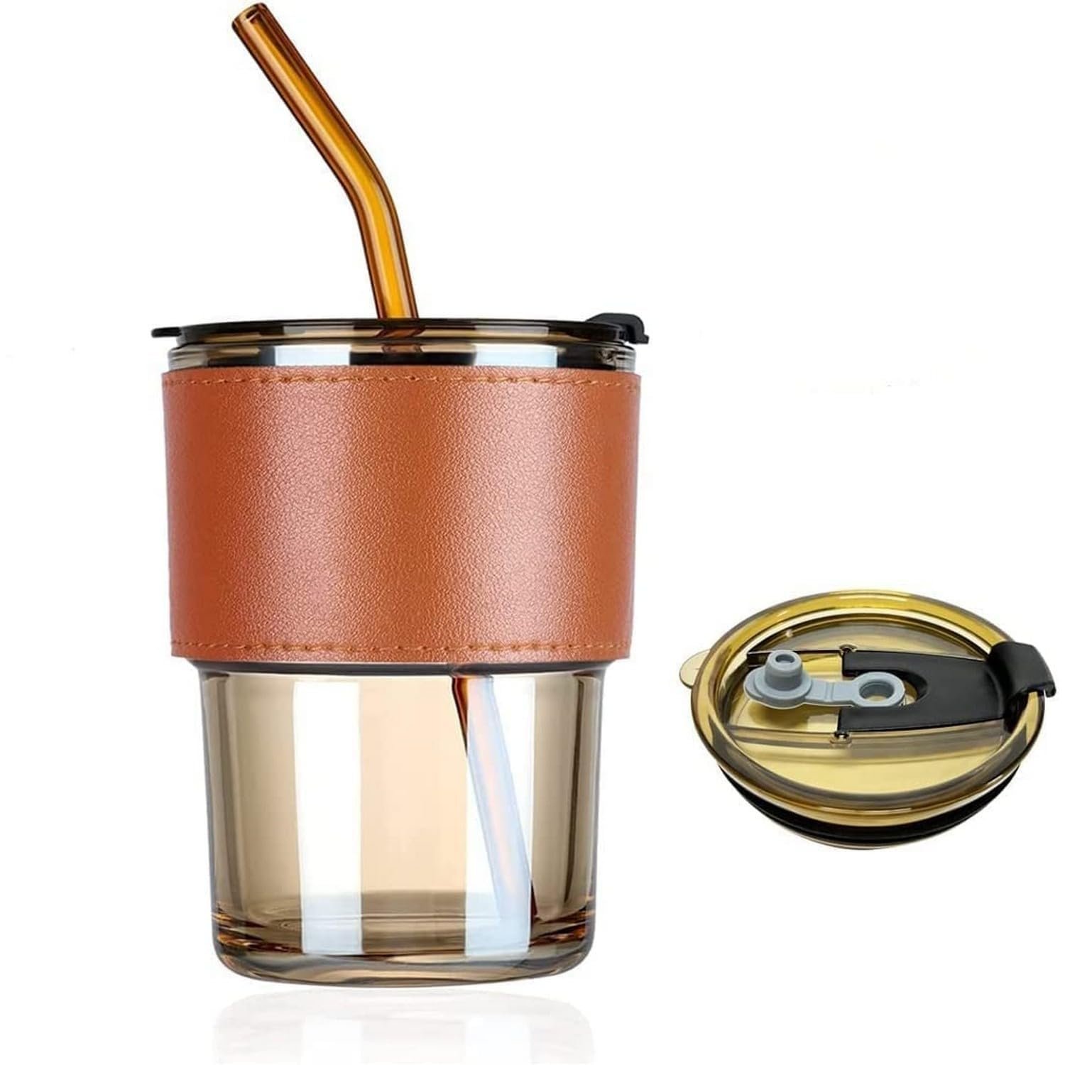 Glass Coffee Cup with Straw & Lid, Anti Skid Leather Sleeve Grip Handle Tumbler Mug for Hot & Cold Beverages,Tea Coffee Smoothies Juice 400ML(Set of 1)