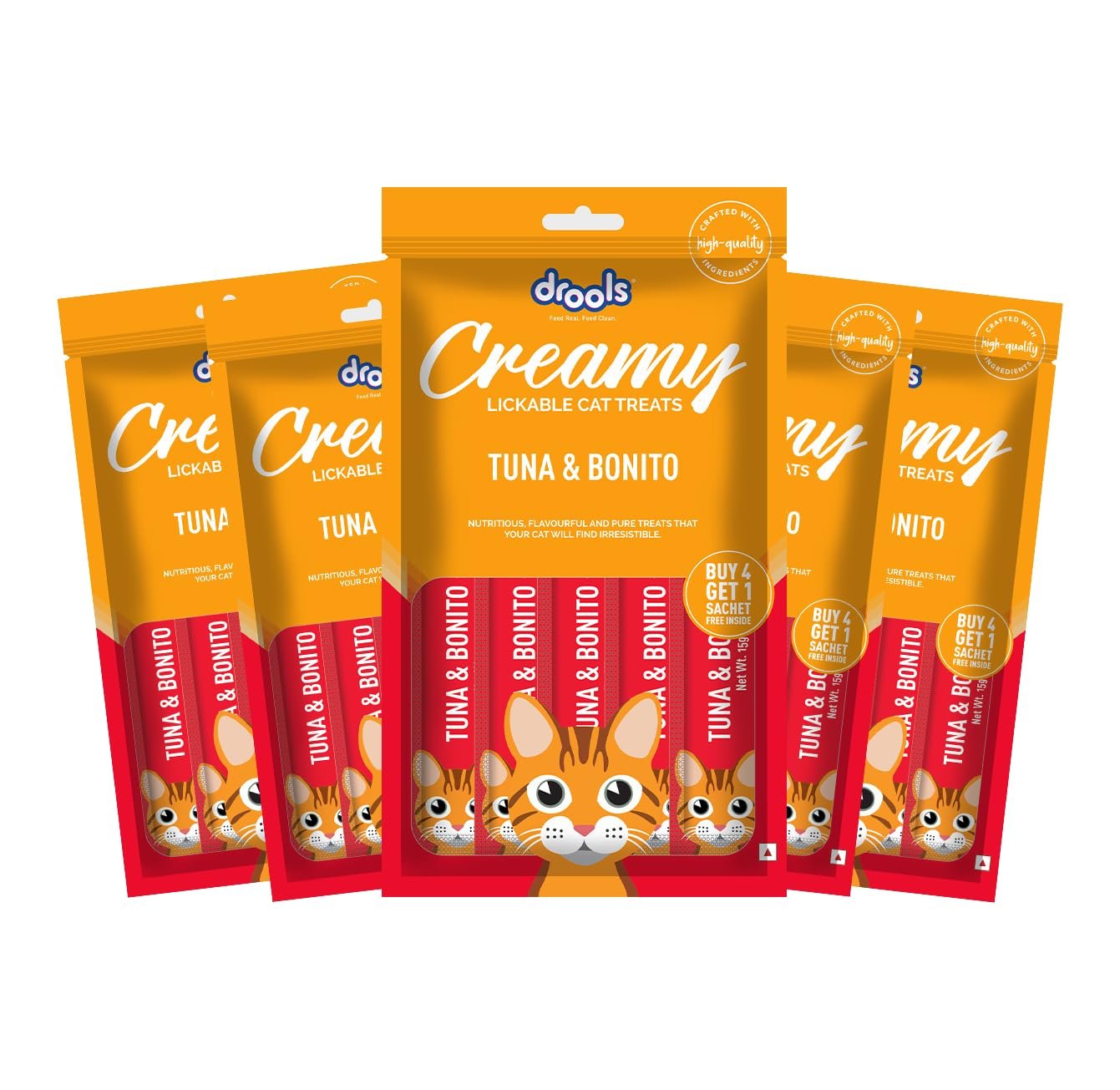 Drools Creamy Lickable Cat Treats (75g x 5 Pouches) Total 375g | Tuna & Bonito | Easy to Hand Feed | Enriched with Vitamins
