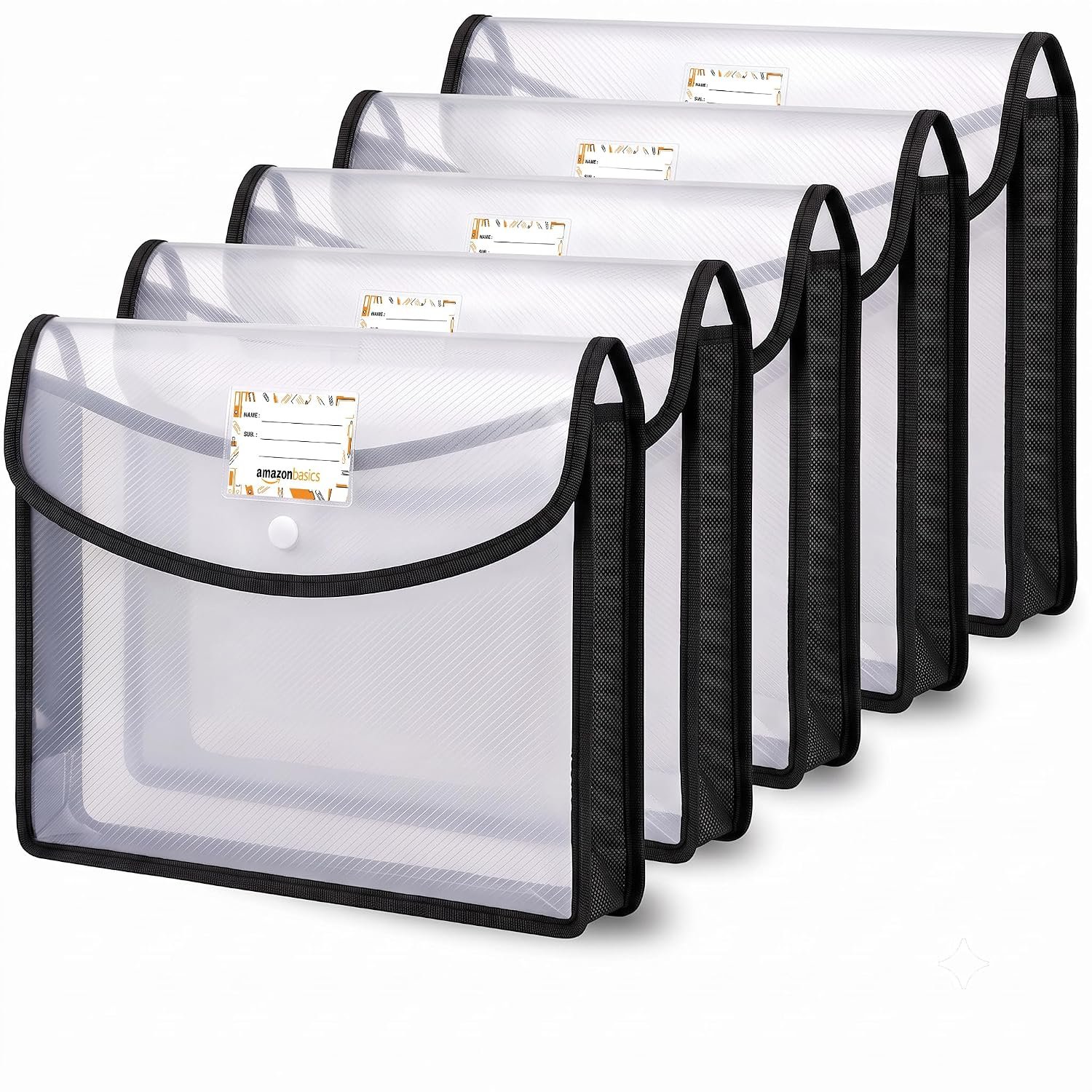 Amazon Basics Horizontal File Folder | Transparent Poly-Plastic Envelope Pouch for A4/Foolscap Documents | Water Resistant Snap Button File Storage Bag | Office, School Stationery | Black - Pack of 5