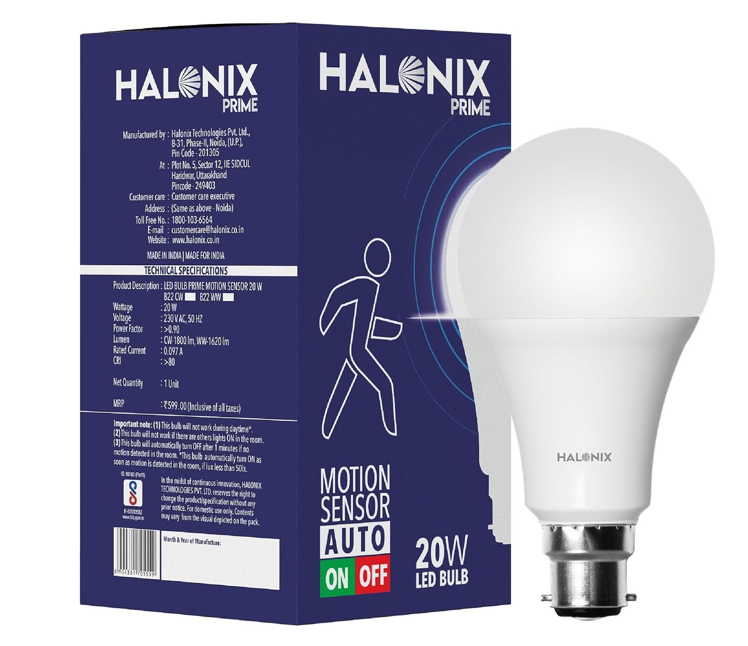 Halonix 20W Motion Sensor Led bulb | Color-6500K White | Auto on- Auto Off light | Motion sensor Led light | Pack of 1 | Base-B22
