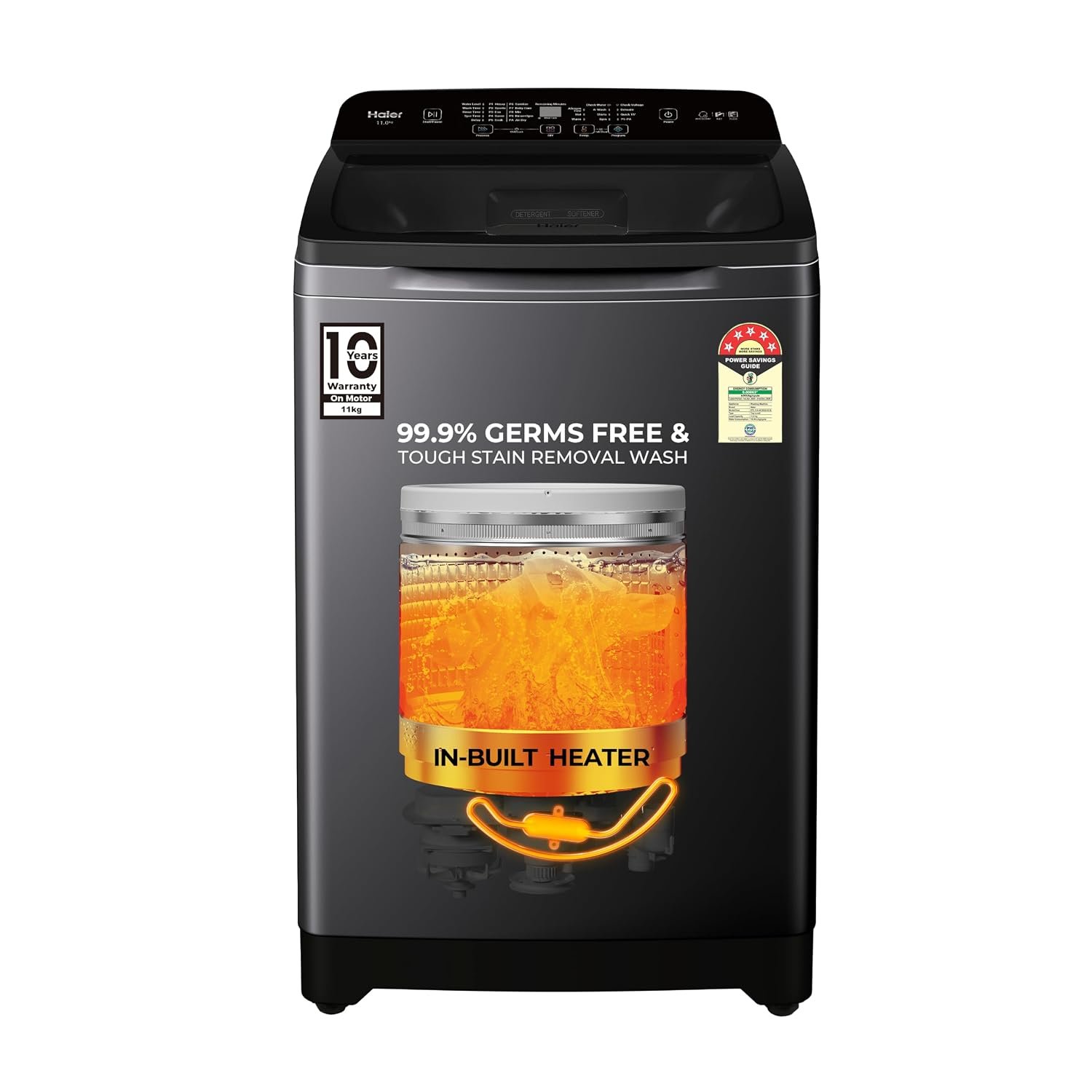 Haier 11 Kg, In-Built Heater, Front Panel Design, NZP Technology, Oceanus Wave Drum, Fully Automatic Top Load Washing Machine (ETL110-HC8S8 | Black)