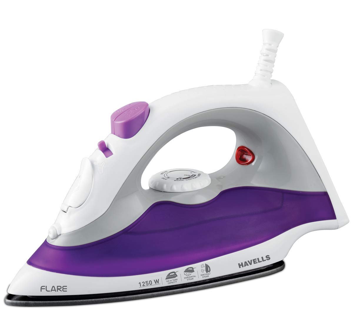 Havells Plastic Flare 1250 Watts Steam Iron With Vertical & Horizontal Ironing | Teflon Coated Sole Plate| Powerful Mist Spray With 3 Functions| 360° Swivel Cord|2 Years Manufacturer Warranty (Pur