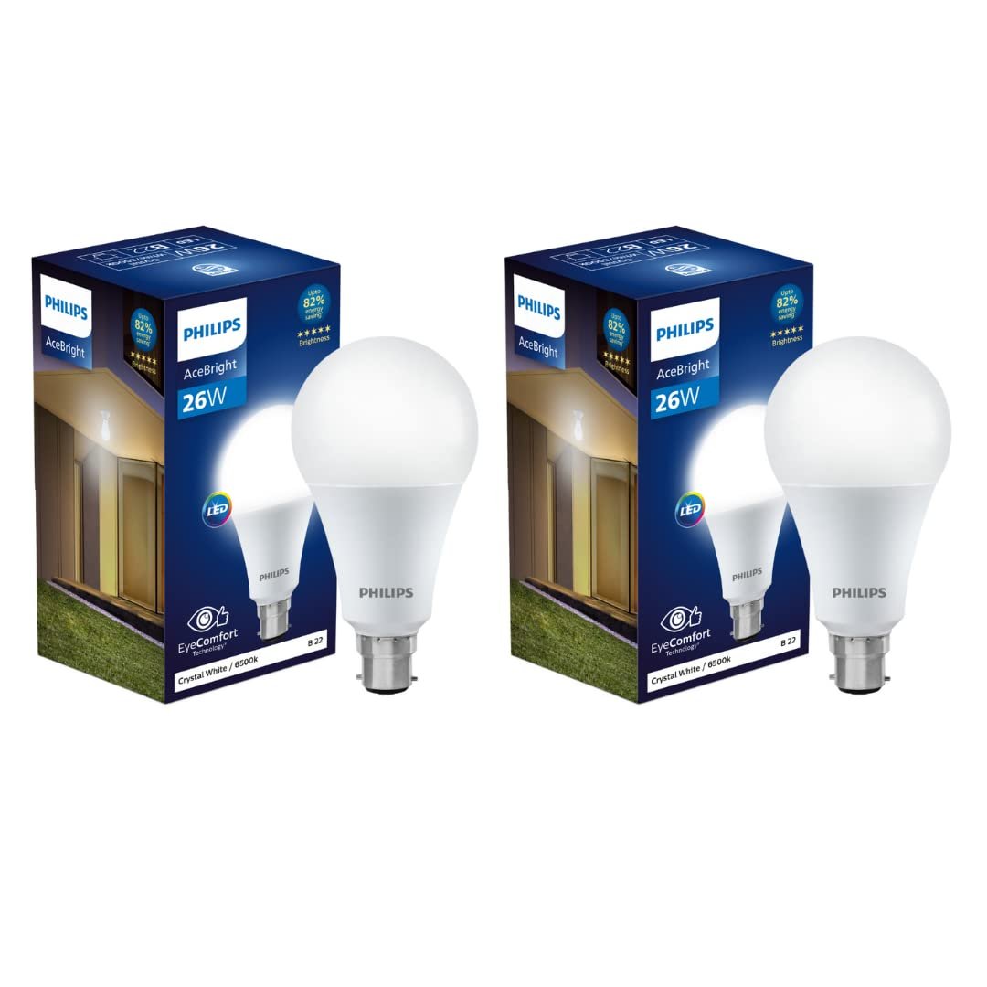 Philips 26-watt LED Bulb |AceBright High Wattage LED Bulb|Base: B22 Light Bulb for Home | Crystal White, Pack of 2
