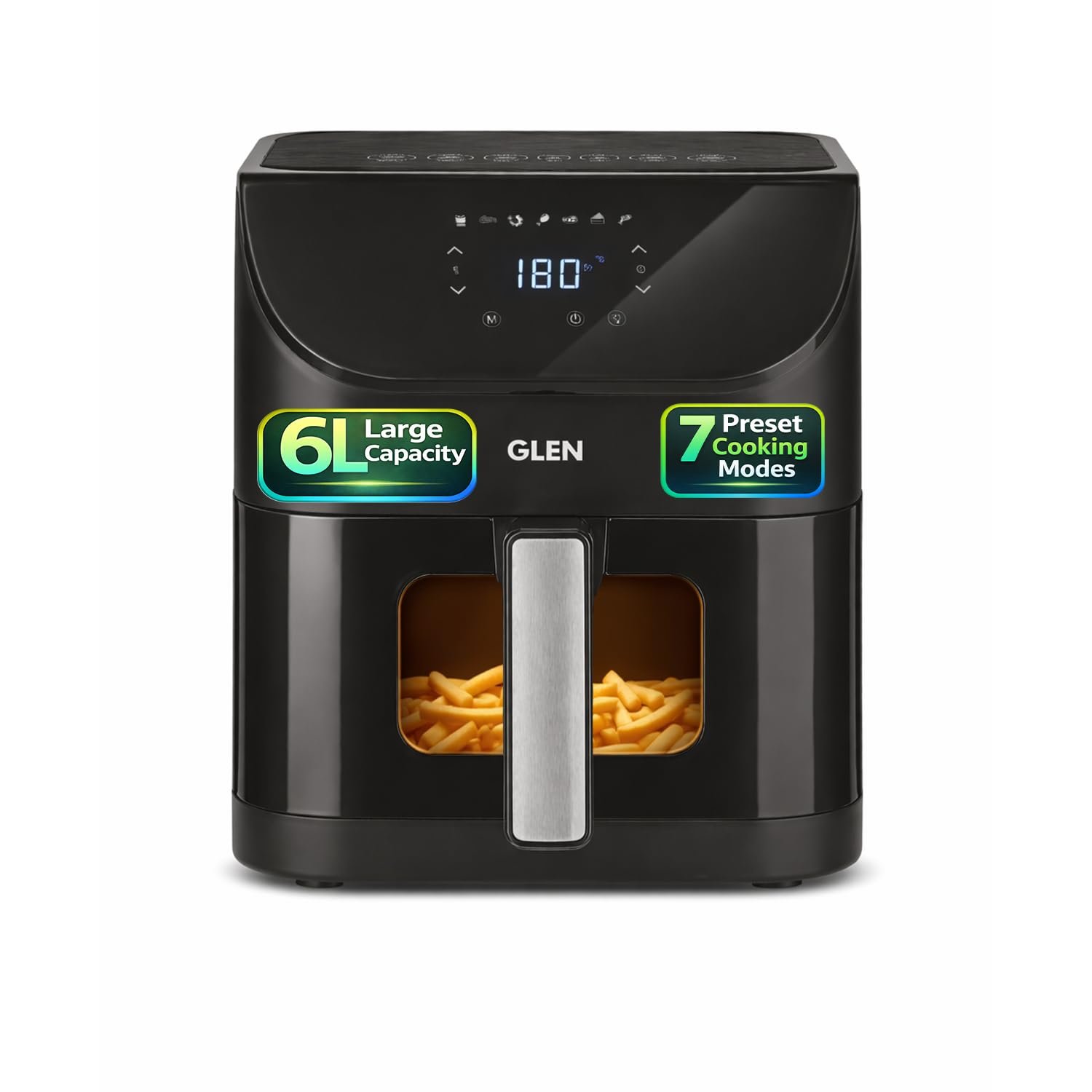 Glen Digital Air Fryer 6L | 1500W | Temperature & Timer Control |7 Preset Menu & Digital Display | Multi-Function Glass Airfryer, Bake, Grill, Fry & Roast | Auto Shut Off | Non Stick Baske