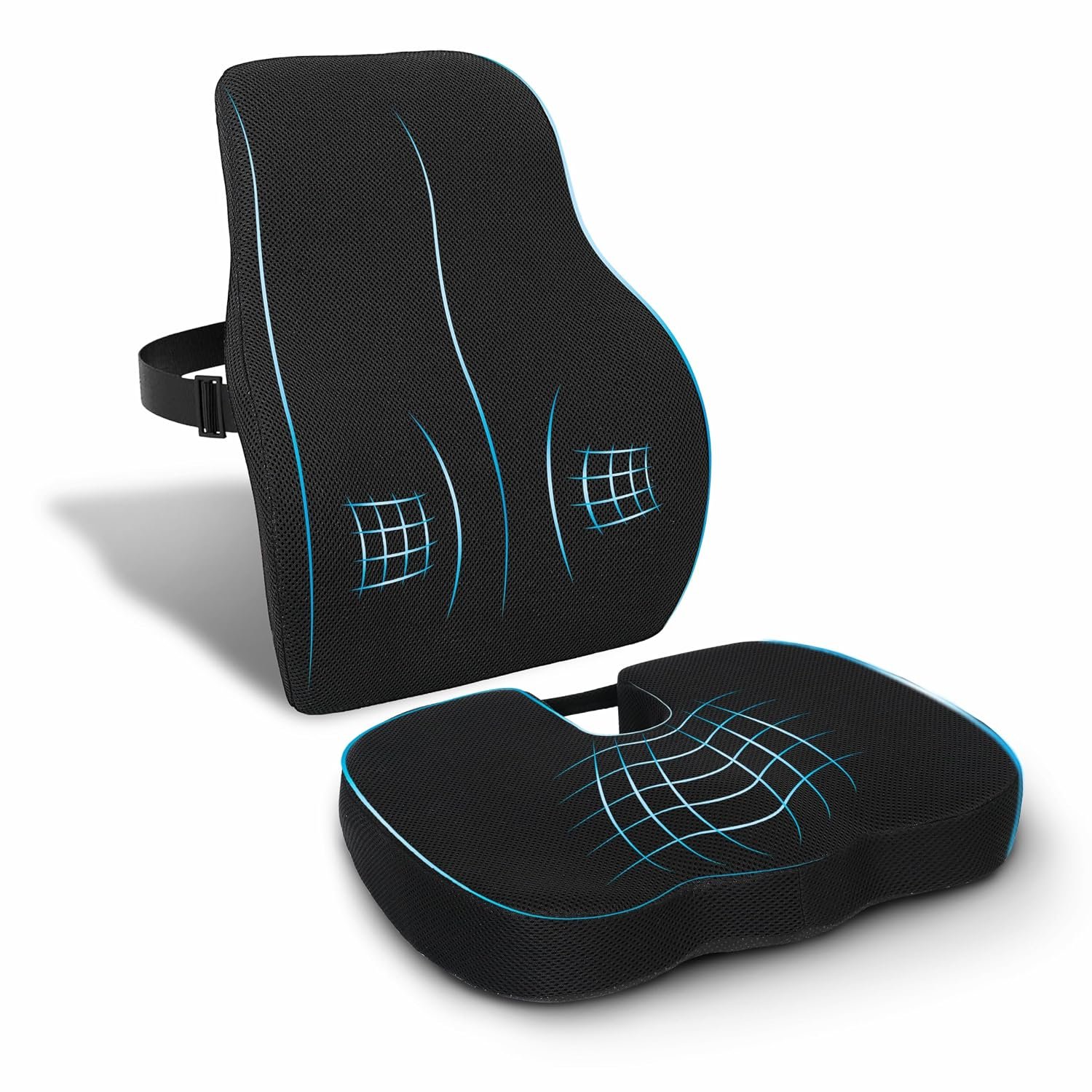 Chair Cushion Pad & Backrest Combo - Comfortable Seat Padded with Coccyx Pillow & Lumbar Cushion, Ergonomic Office Chair Support with Daily Comfort for Home & Office Use (Black Mesh)