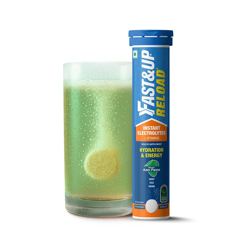 Fast&Up Reload (5 Litres) Low Sugar energy drink for Instant Hydration - 20 Effervescent Tablets with all 5 Essential Electrolytes + Added Vitamins - Certified Electrolytes Drink - Aam Panna flavo