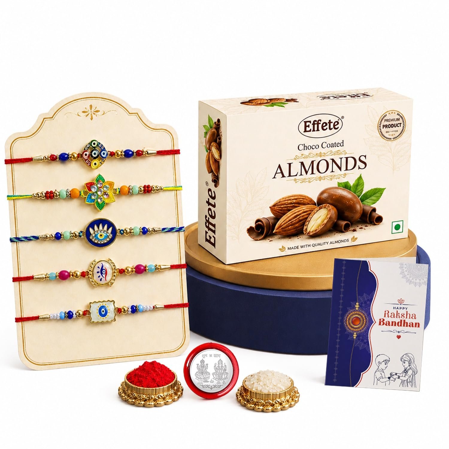 DeoDap Chocolate with Rakhi Combo for Brother – Multicolored Beads Rakhi (5 Pc) with Silver Color Pooja Coin & Greeting Card, Choco Coated Almonds (32 Gm), Raksha Bandhan Celebration Combo for Bha