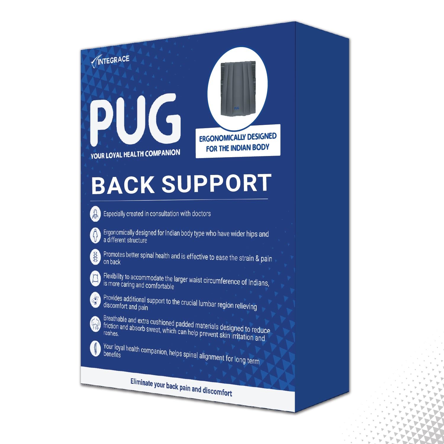 Pug Back Support (Pack of 1) | The Ultimate Solution for Back Pain Relief | Ergonomically designed for the Indian body | Offers Ideal Support, Eases Pain, and Enhances Flexibility with breathable Lumb