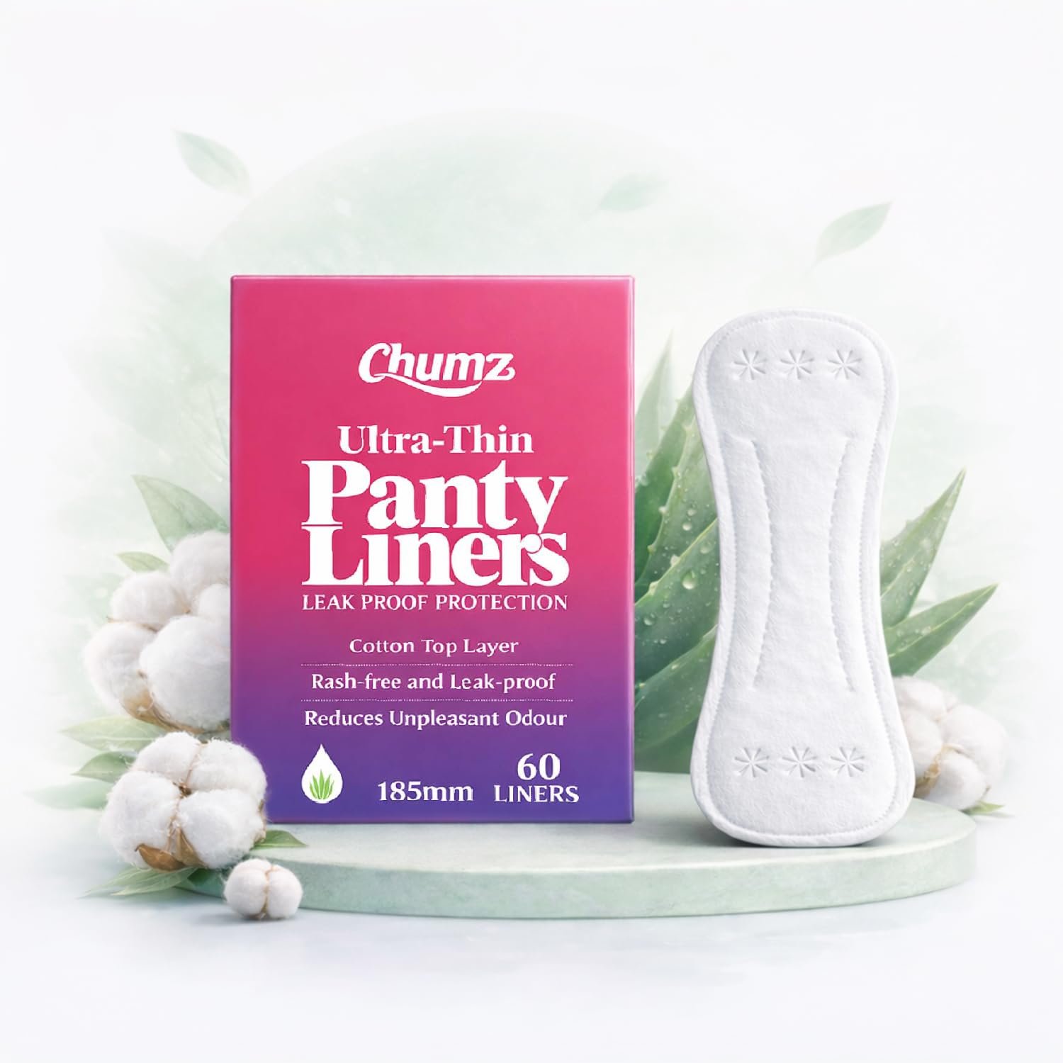 Chumz Aloe Vera Panty Liners | 60 Count (Pack of 1) | 185mm Long | High Absorbency | Ultra Thin and Leak Proof | Curvy Design & Cottony-Soft Surface For Extra Comfort | Fresh All Day Long