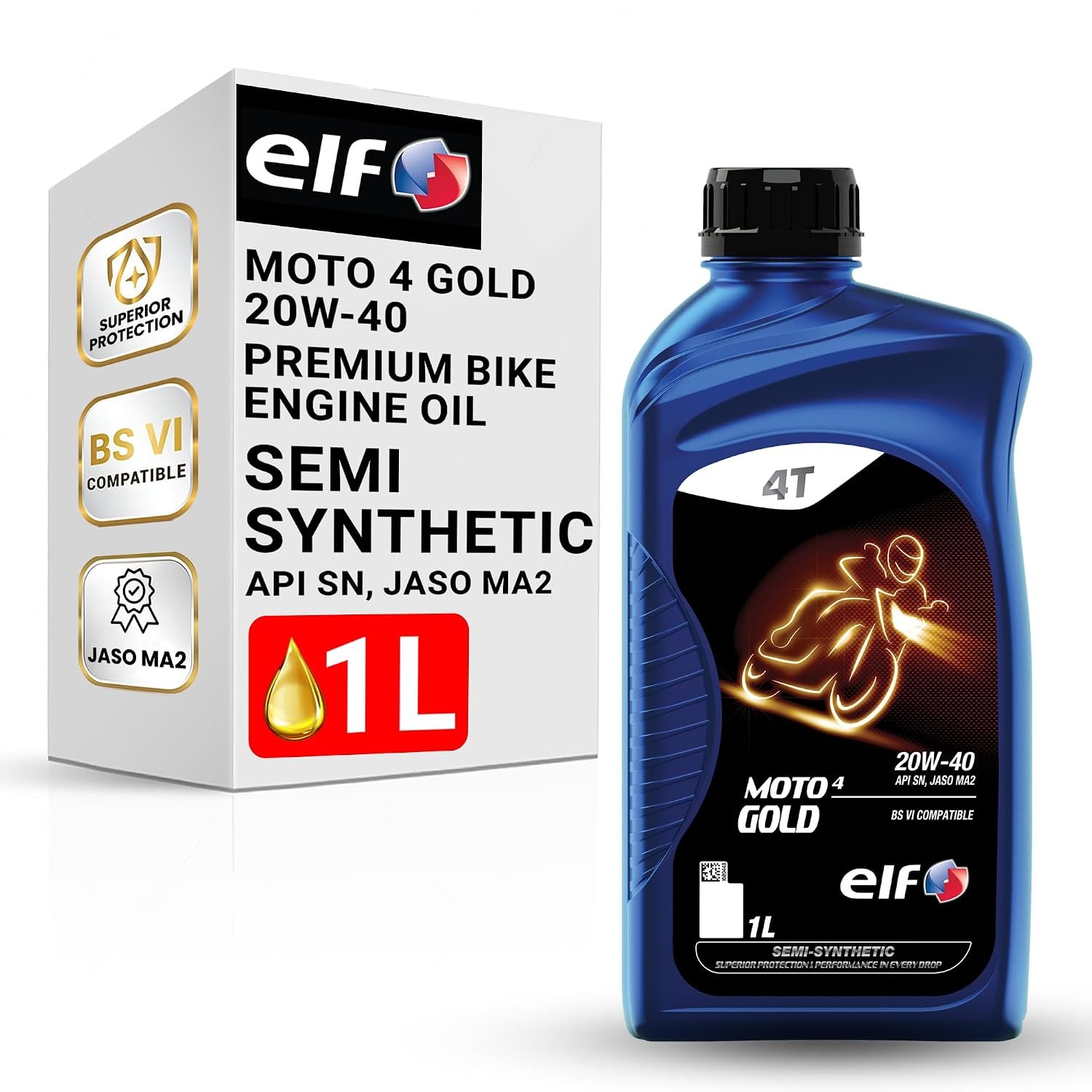 ELF - Moto 4 Gold 20W-40 | API SN, JASO MA2 | Semi- Synthetic Bike Engine Oil | Anti-clutch Slippage formula - 1L