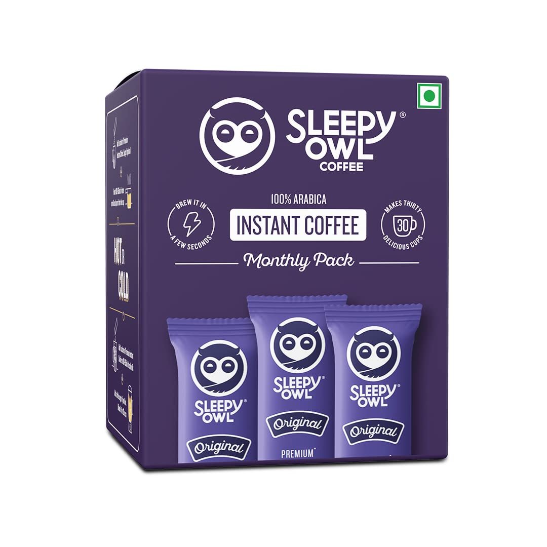 Sleepy Owl Original Freeze Dried Coffee Sachets | 60g - Pack of 30 x 2g Instant Coffee Powder Sachets | 100% Arabica Beans | Aromatic Coffee Pouch | Rich & Smooth | Easy to Use & Carry