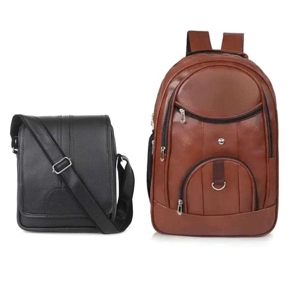 Unisex Leather Bag Combo Set – Brown Laptop Backpack & Black Crossbody Messenger Bag (2 Piece) | Office, Travel & College Work Bags for Men & Women