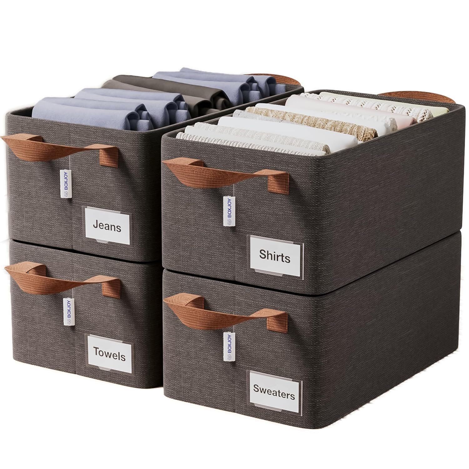 BOXJOY 4 Pcs Wardrobe Cloth Organizer for Storage Box with Label Card & Holder | Foldable Clothes Organiser with Steel Frame & Handle | Smart Jeans Kapde Closet Basket for Cupboard in Almirah 