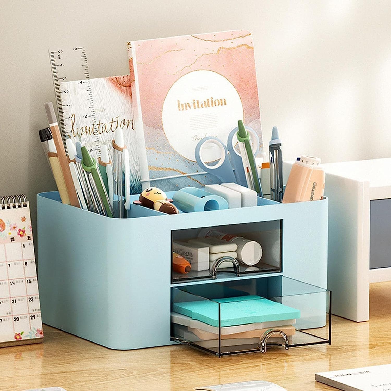 Storescent Multi-functional Desk Organiser with 5 Compartments & 2 Drawers – Desktop Stationery & Cosmetic Storage Box for Office Supplies, Pens, Clips, Sticky Notes & Makeup (Blue)