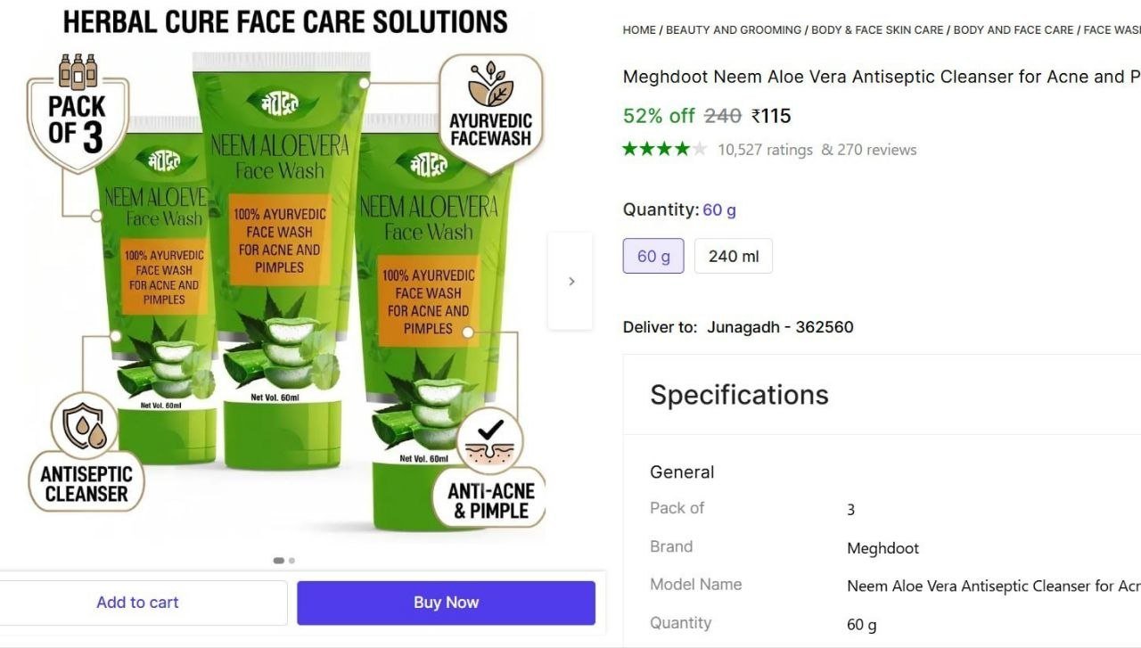 Meghdoot Neem Aloe Vera Antiseptic Cleanser for Acne and Pimples-(3x60) Men & Women All Skin Types Face Wash Price in India - Buy Meghdoot Neem Aloe Vera Antiseptic Cleanser for Acne and Pimples-(