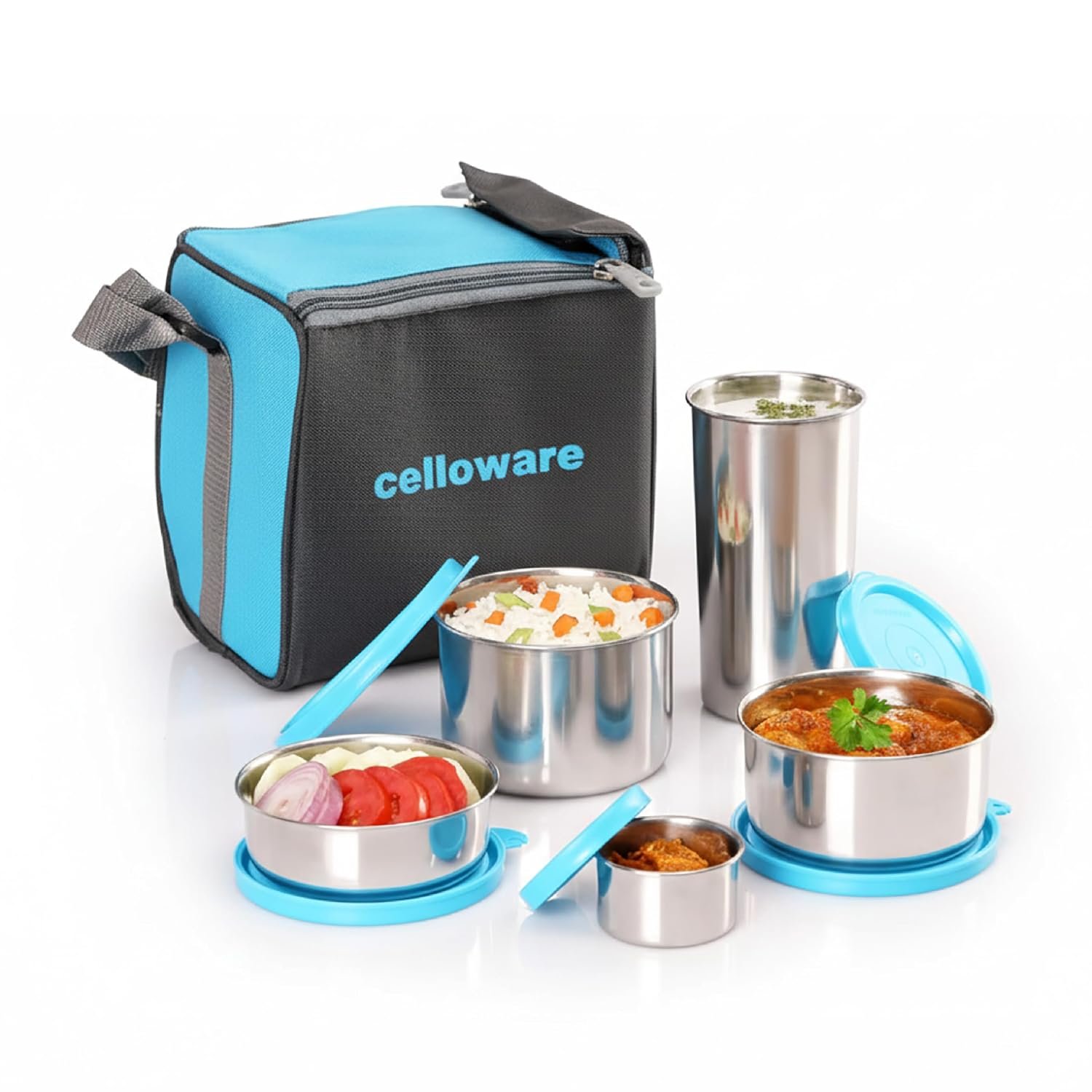CELLO Steelox Set of 5 Pcs Lunch Box with Jacket For Office, Blue | 550ml, 375ml, 225ml, 50ml Stainless Steel Containers & 375ml Tumbler |Lightweight Leakproof Airtight Tiffin Box For Daily Use Tr