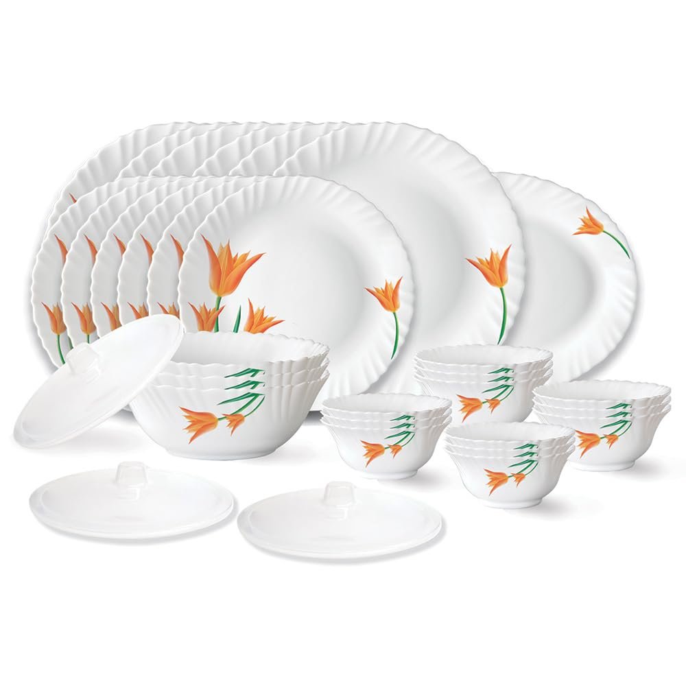Larah by Borosil Firefly Fluted Series Opalware Dinner Set | 31 Pieces for Family of 6 | Microwave & Dishwasher Safe | Bone-Ash Free | Crockery Set for Dining & Gifting | Plates & Bowls | 