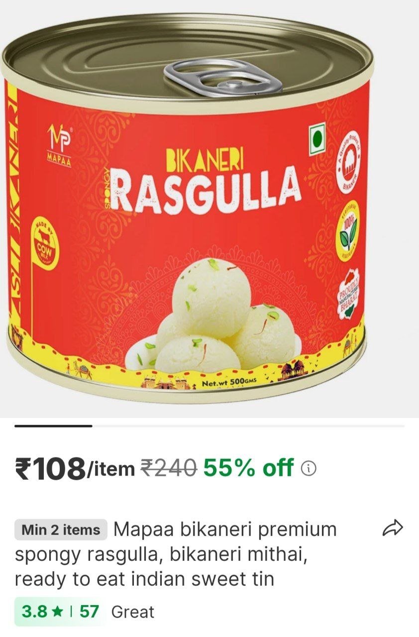 MAPAA Bikaneri Premium Spongy Rasgulla, Bikaneri Mithai, Ready to Eat Indian Sweet Tin Price in India - Buy MAPAA Bikaneri Premium Spongy Rasgulla, Bikaneri Mithai, Ready to Eat Indian Sweet Tin onlin