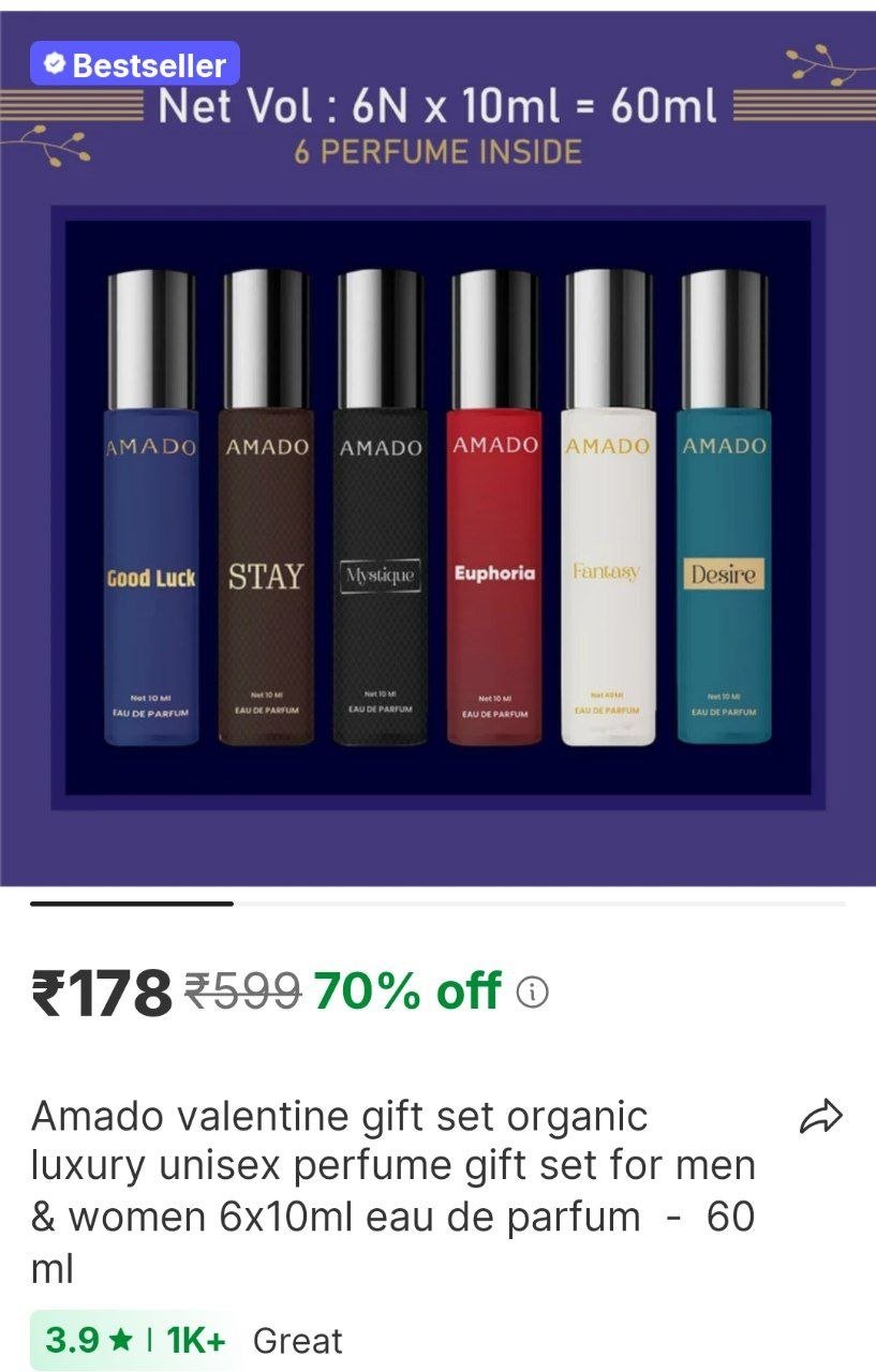 Amado Valentine Gift Set Organic Luxury Unisex Perfume Gift Set For Men & Women 6x10ml Eau de Parfum  -  60 ml Price in India - Buy Amado Valentine Gift Set Organic Luxury Unisex Perfume Gift Set 