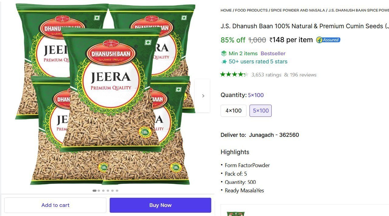 J.S. Dhanush Baan 100% Natural & Premium Cumin Seeds (Jeera) 500g (Pack of 5-100g Each) Price in India - Buy J.S. Dhanush Baan 100% Natural & Premium Cumin Seeds (Jeera) 500g (Pack of 5-100g E