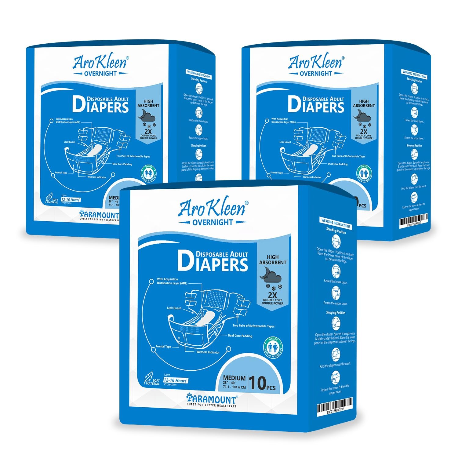 Arokleen 2X Absorbent Overnight Adult Diaper M Size Tape Style | 30 Count Medium | Waist 28-40 Inch (71.1-101.6 cm) | 16 Hrs Protection | Leakproof | Quick & Even Absorption | Unisex | Anti-Rash |