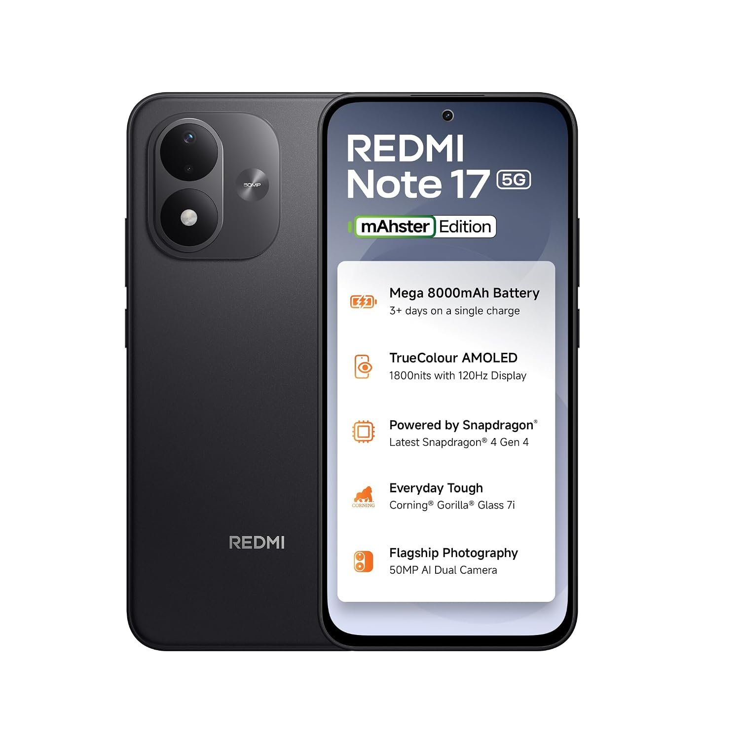 Redmi Note 17 5G (Dark Night, 8GB RAM, 128GB ROM) | 8000mAh Battery + 45W Fast Charging | 6.99" TrueColour AMOLED | Snapdragon 4 Gen 4 | 50MP Dual AI Camera | Corning® Gorilla® Glass 7i | IP65