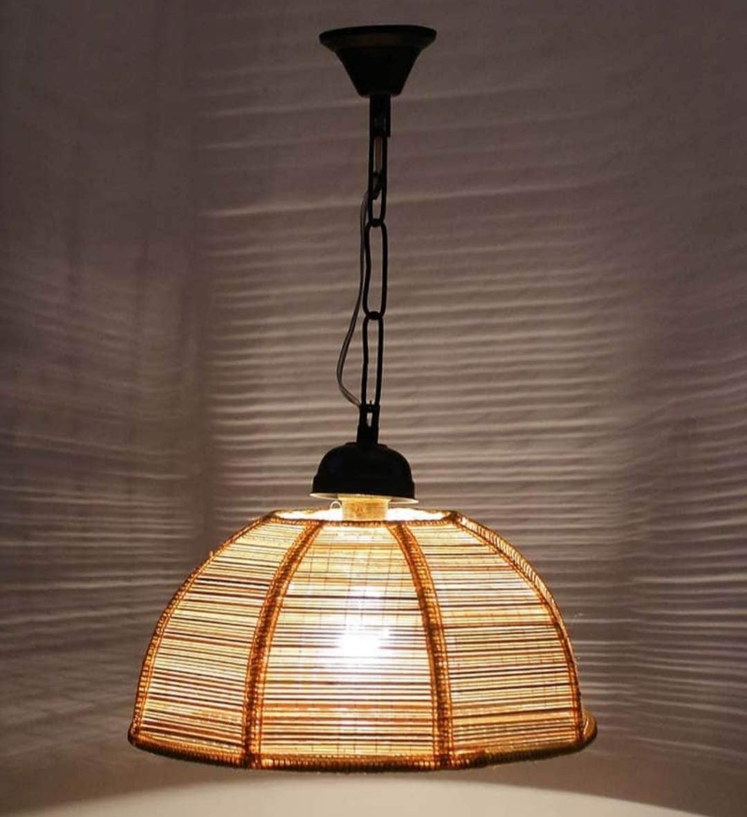 tu casa Offwhite Bamboo Shade with Black Metal-Iron Base Hanging Lamps/Pendent Light | Modern Pendant Ceiling Lamp for Home, Café, Restaurant, Bar & Office Décor (Height- Inch/No Blub Included)