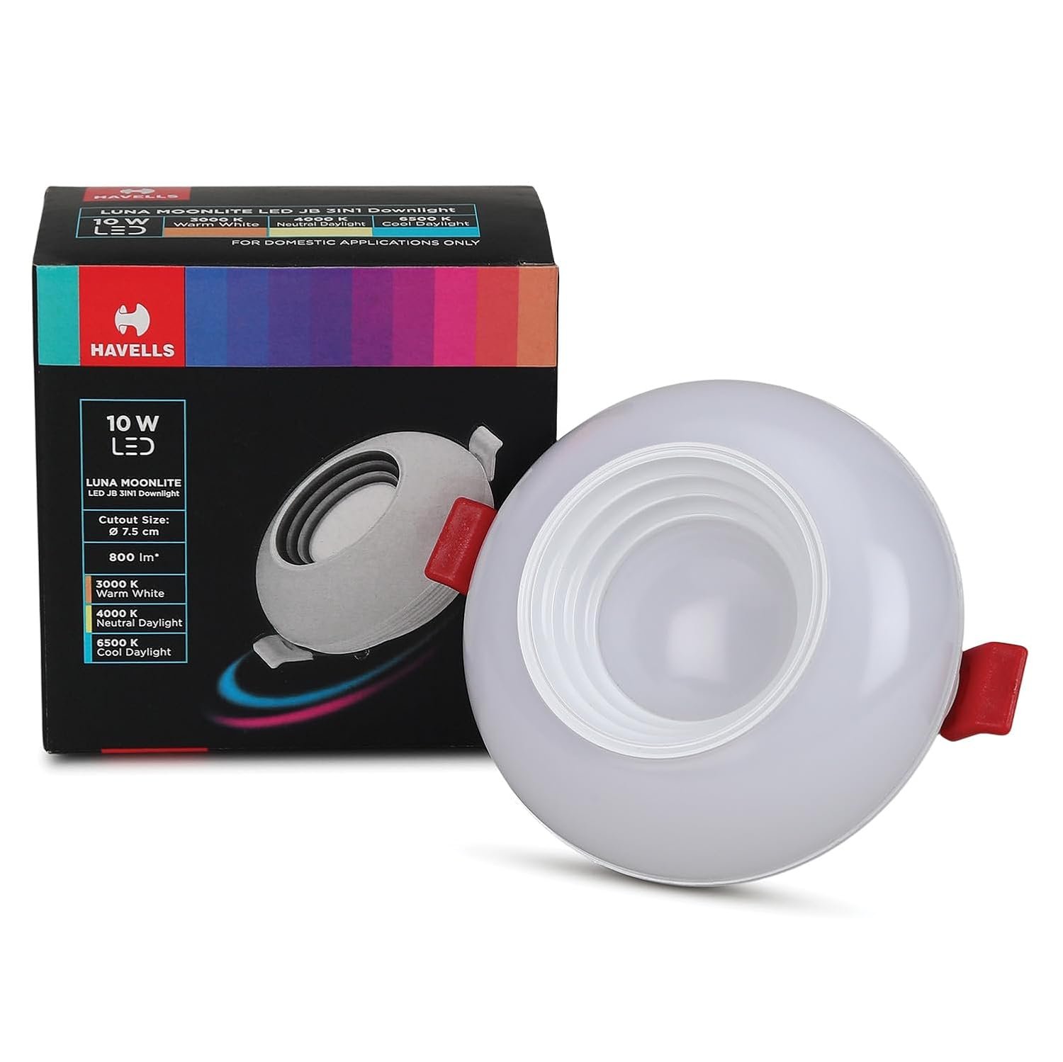 Havells Luna Moonlite Led Jb 10W 3In1,Led-Downlighter,Energy Efficient,Long Life of 25000 Burning Hours,High Lumen Efficiency of 80 Lumen Per Watt in 6500K,3In1,Perfectly Fits in Junction Boxes